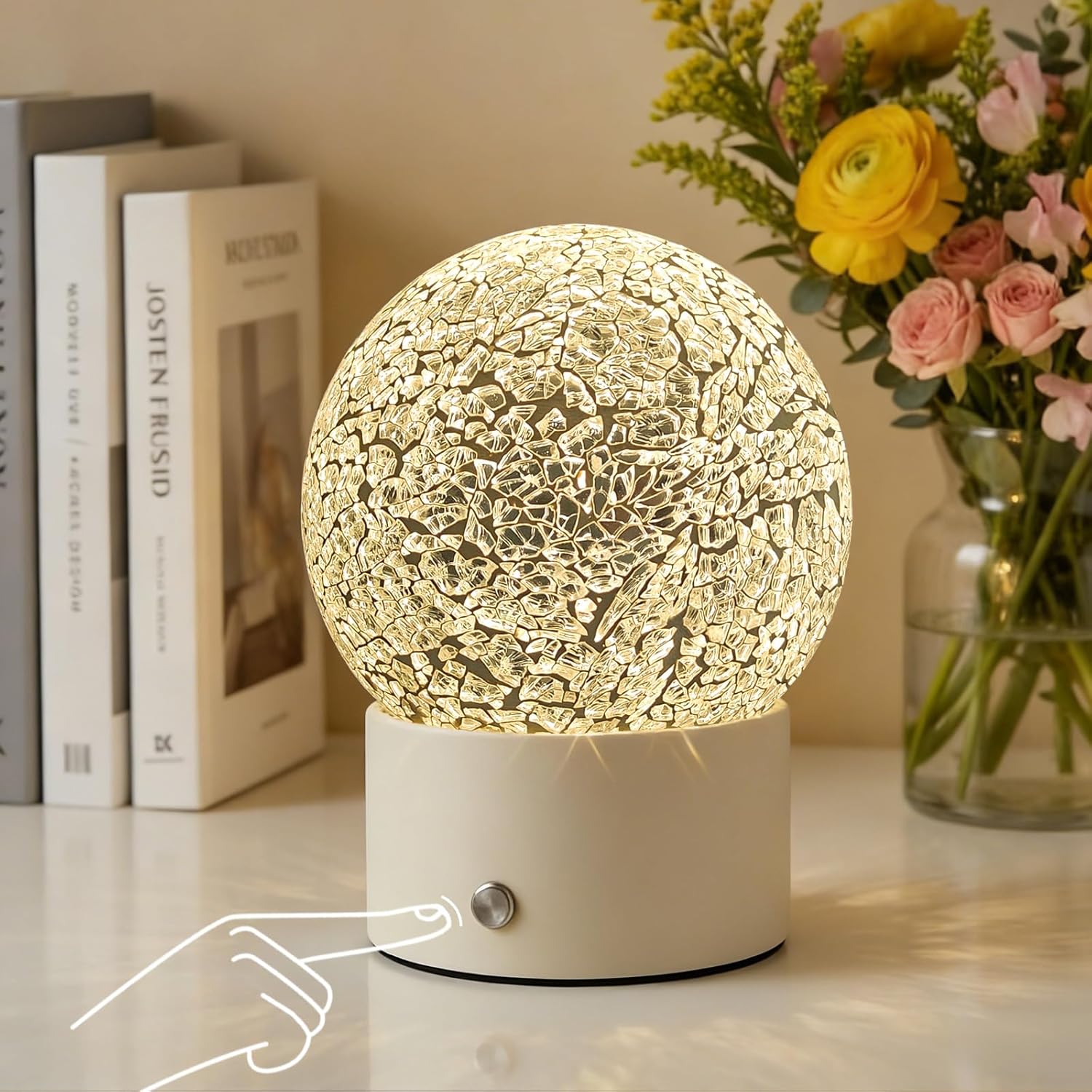 Oneach Mini Cordless Table Lamp, Rechargeable Battery Powered Lamp, 3 Color Temps and Stepless Dimming Touch Lamps, Glass Ball Night Light for Bedside Corner Patio Yard Dining Room Shelf Decor