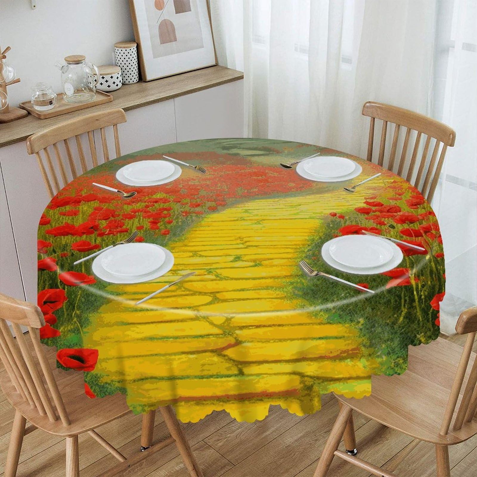 FekiLoot Poppies Field Yellow Brick Road Round Tablecloths 60 Inch Resistant Washable Polyester Table Cloth Style Decorative Circle Fabric Table Cover for Dining Kitchen Party Farmhouse Outdoor