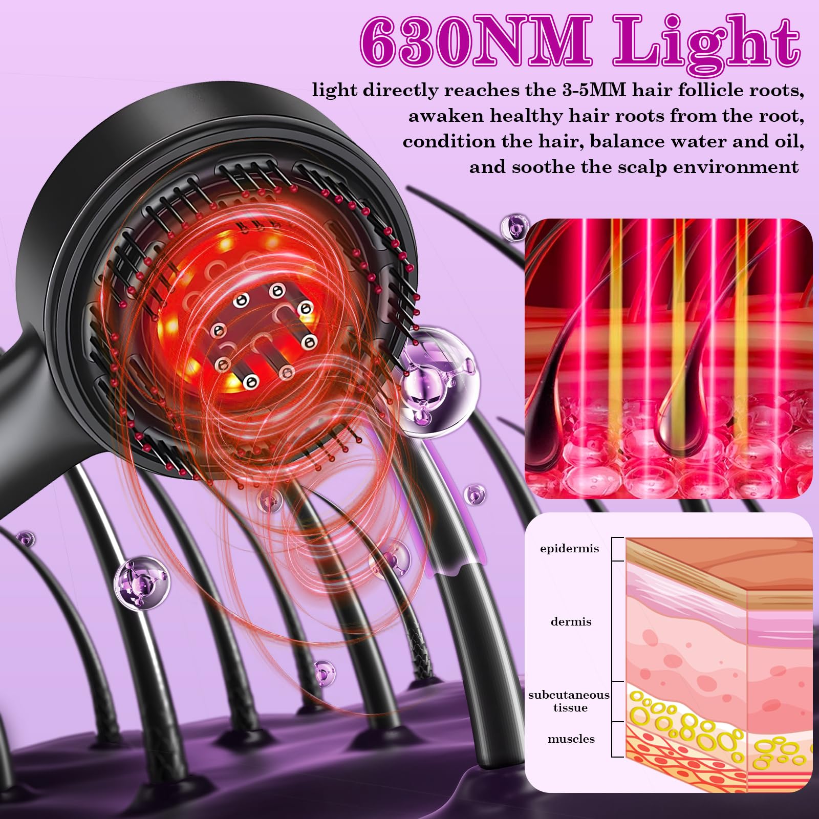 Brosse de massage électrique cuir chevelu, applicateur d'huile capillaire lumière rouge