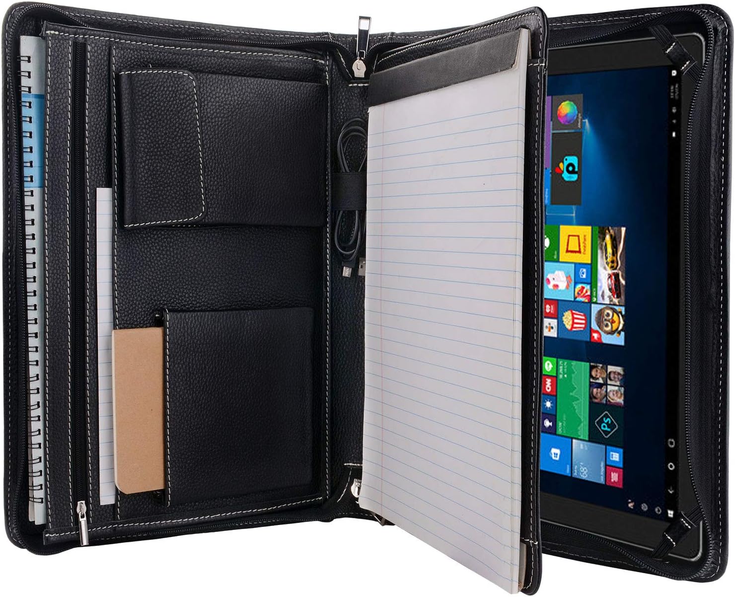 Zipper Leather Portfolio with Notepad Holder, Full-Grain Leather Padfolio Case for Galaxy TabPro 12 and A4 Notepad