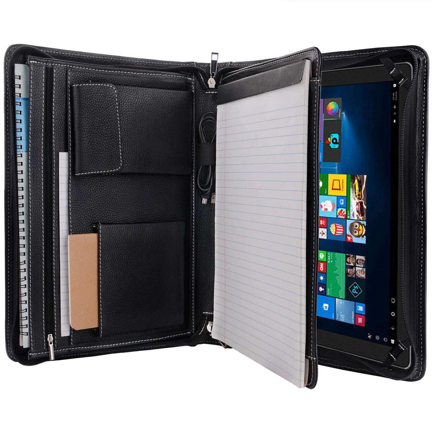 Zipper Leather Portfolio with Notepad Holder, Full-Grain Leather Padfolio Case for Galaxy TabPro 12 and A4 Notepad