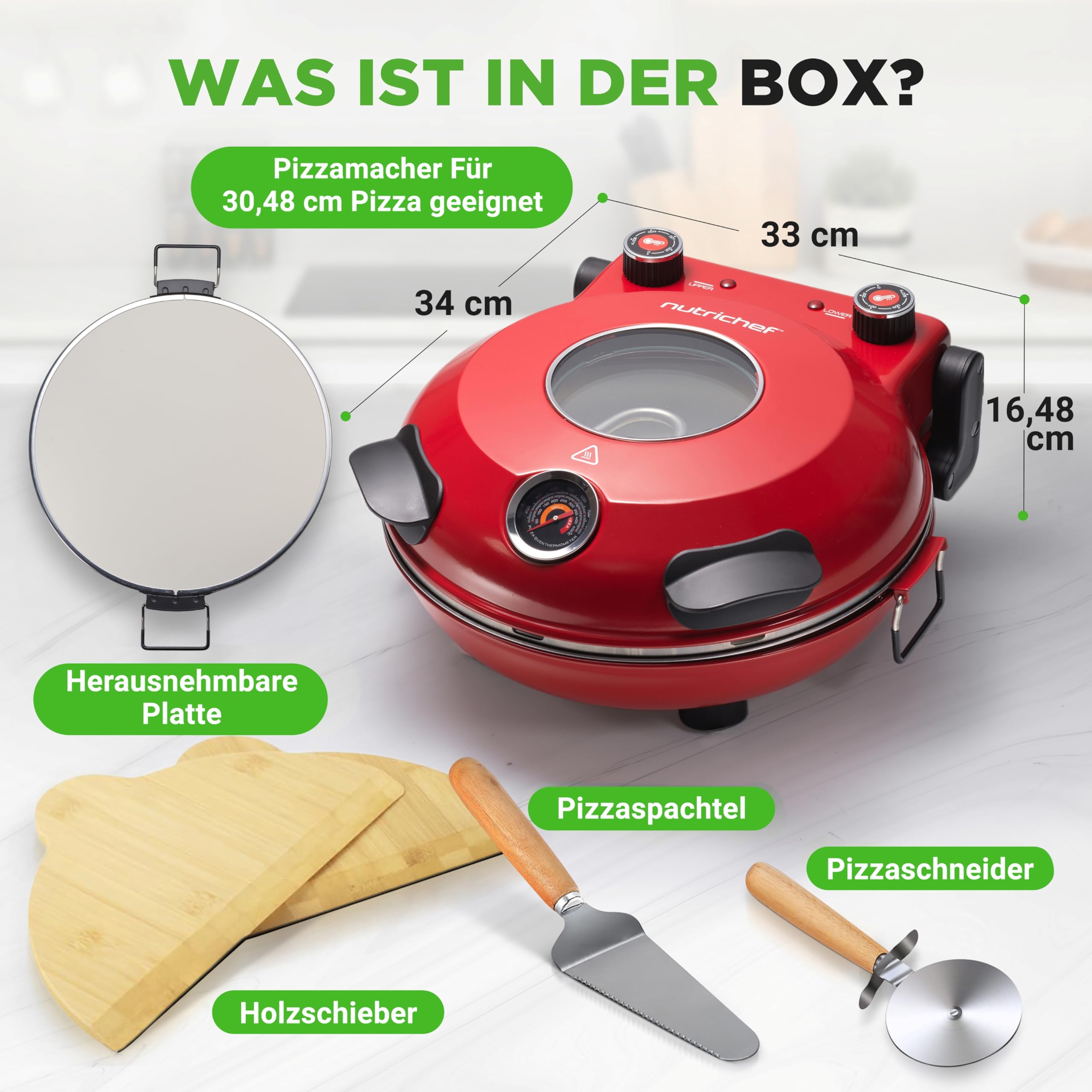 NutriChef Pizzaofen Elektrisch – Ø 35,5cm Abnehmbarer Keramikstein, 1200W bis 430°C, Ober-/Unterhitze Getrennt Regelbar, Sichtfenster, Antihaft