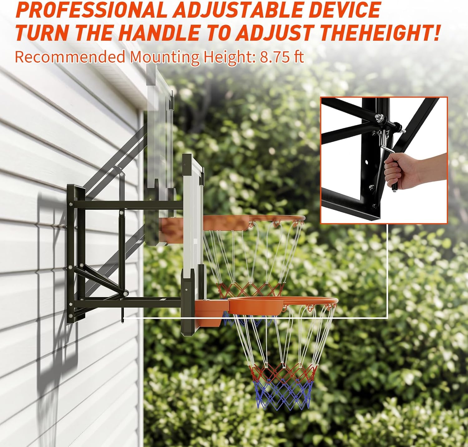 54 Inch Wall Mounted Basketball Hoop, 8-10 FT Adjustable Height Shatterproof PC Backboard Basketball Goal with 18 Inch Solid Rim for Indoor & Outdoor Use, Home, Gym, Backyard