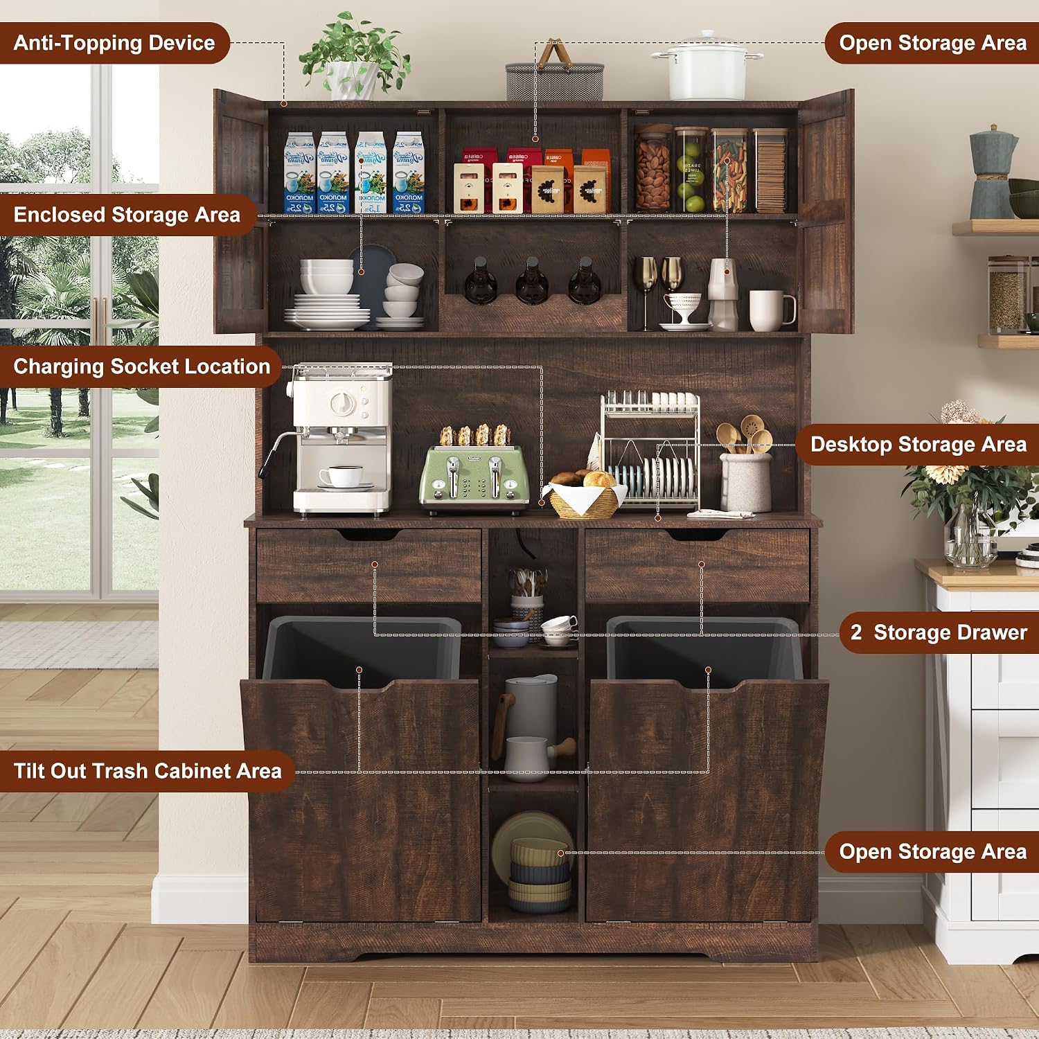 71"H Kitchen Pantry Storage Cabinet with Power Outlets and Two Drawers,10X2 Gallon Kitchen Hidden Double Tilt Out Trash Can Cabinet with Trash Bin Storage Holders,Laundry Hamper Cabinets(Brown)
