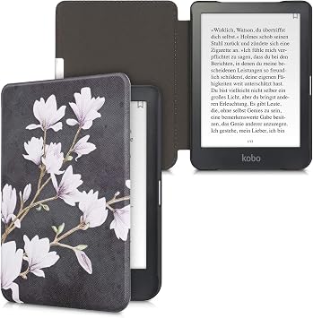 kwmobile Cover for Kobo Clara HD Case - eReader Cover with auto sleep funktion - Magnolias with Taupe/White/Dark Grey