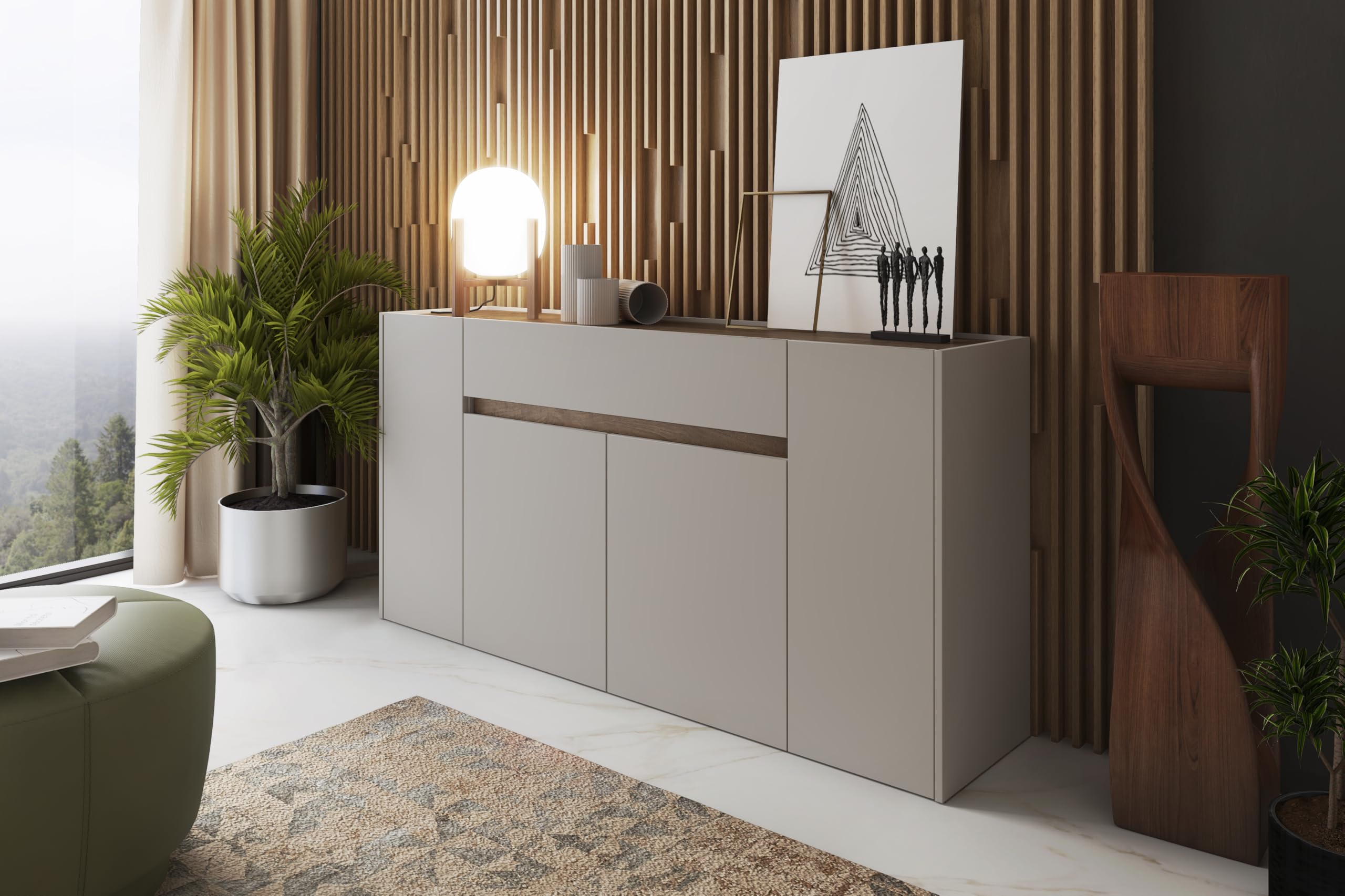 Credenza Moderna Madia In Melaminico Con 4 Ante E 1 Cassetto Mobile Contenitore Sala da Pranzo Soggiorno Design Senza Maniglie Elegante Capiente 170 x 85 x 40 cm (Noce Chiaro)