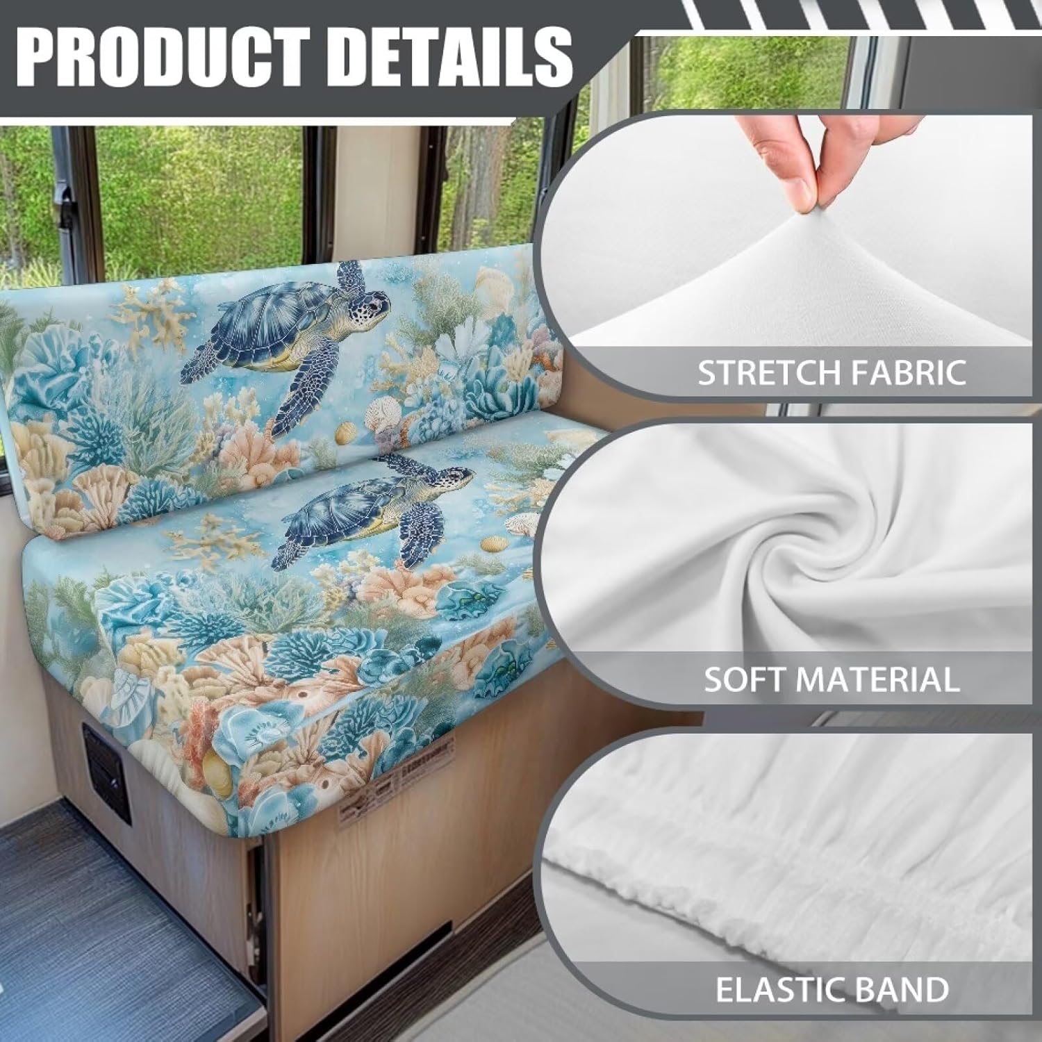 Blue Sea Turtle RV Dinette Cushion Covers Soft Stretchable Loveseat Sofa Fuiniture Slipcover Bench Seat Covers for RVs for Travel Trailer Couch