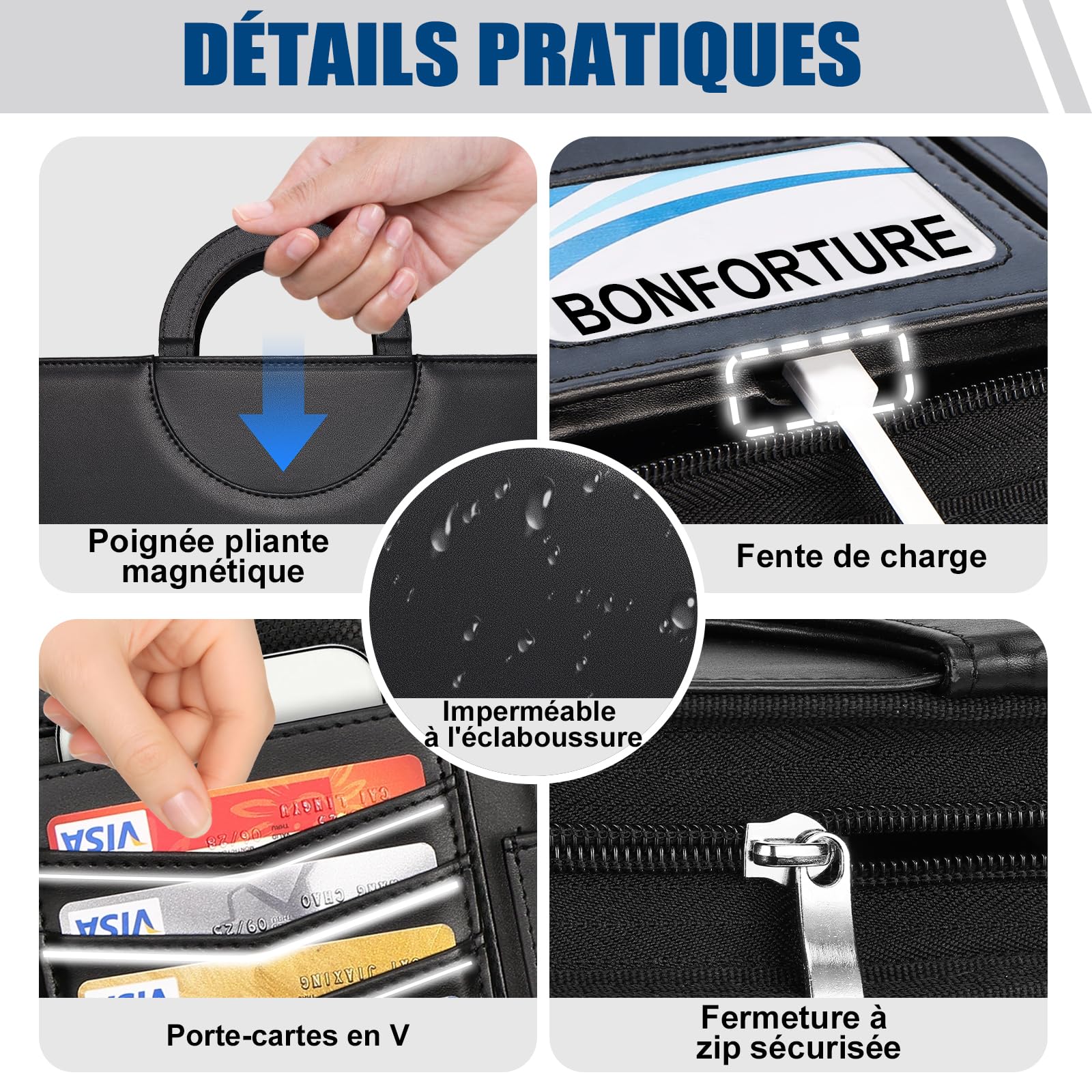 Porte Document A4 Cuir PU avec 5 Intercalaires, Portefeuille Portfolio Organiseur Bureau Noir