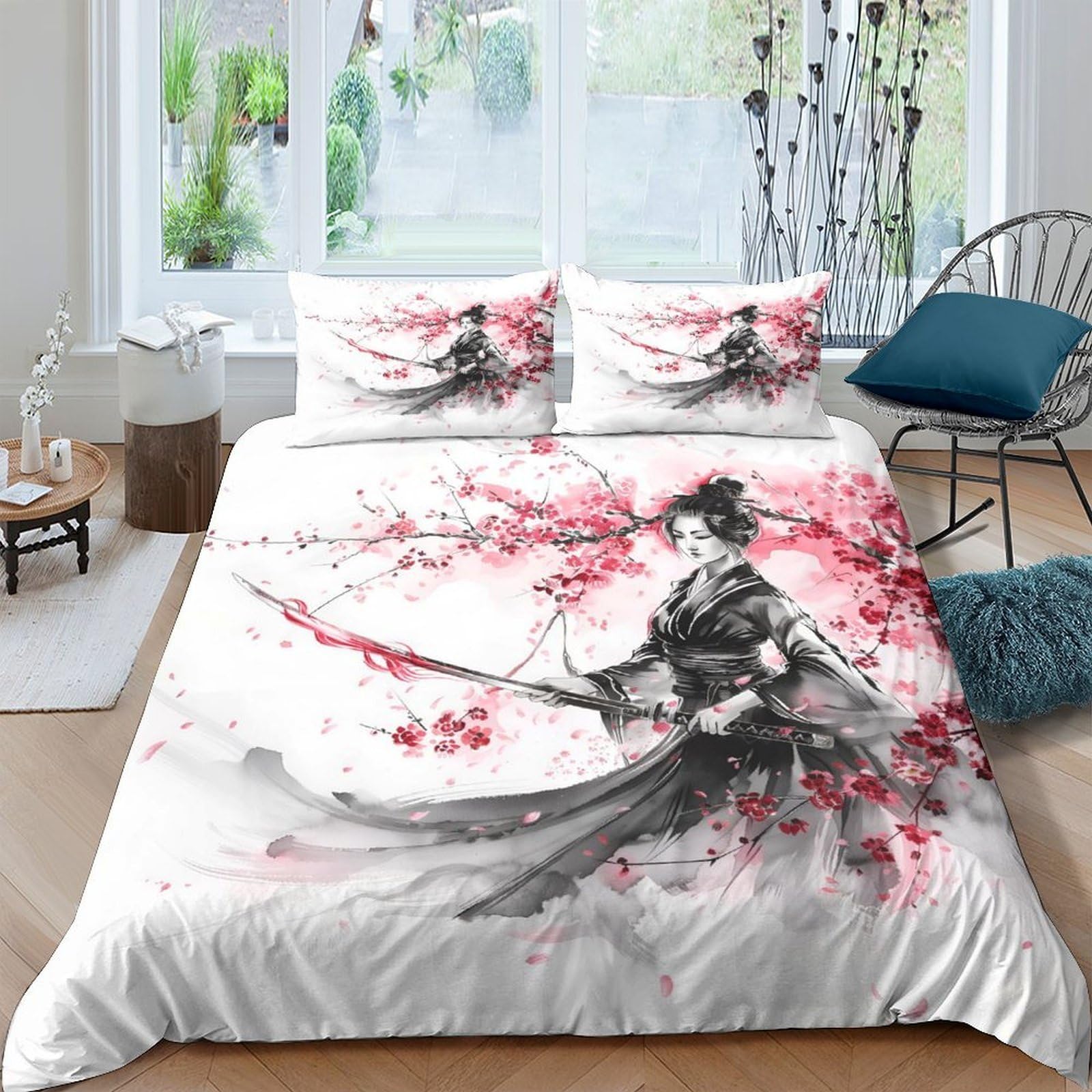 Ctjqhvkz Style-5 3D Printed Samurai Ink Art Fitted Sheet Microfiber Soft Cherry Blossom Mattress Cover Bedroom Decor Washable Single（135X200cm）