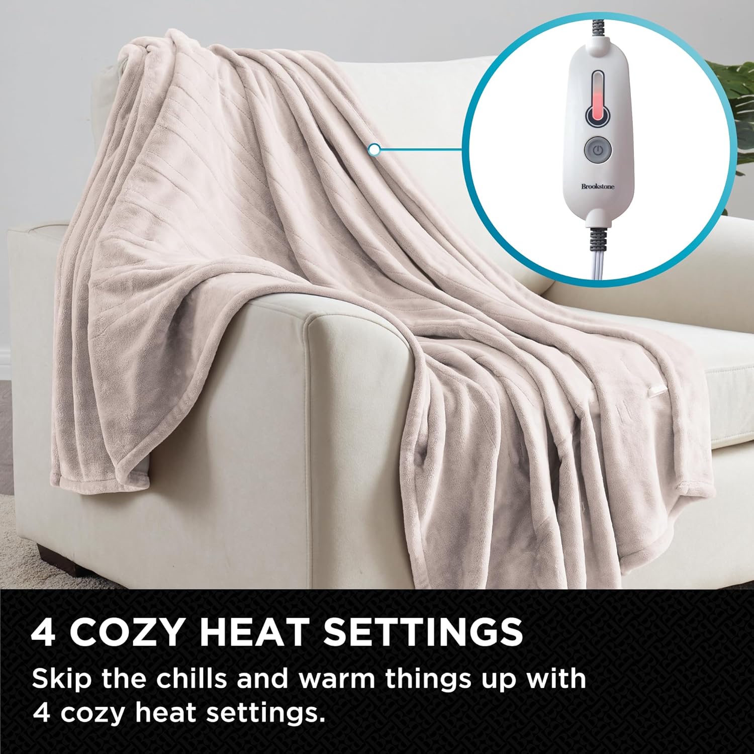 Brookstone Oversized Electric Heated Throw - Heated Blankets - 4 Heat Settings, 4-Hour Auto Shut Off, 100% Polyester, 50"x60" - Taupe