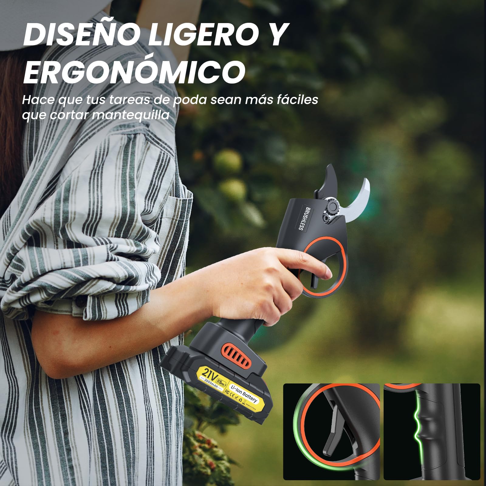 Tijeras de Podar Electricas,33-35mm Potentes Tijeras de Podar con 2 x 2000mAh Baterías, 800W Larga Duración, Silenciosa,Podadoras Profesionales sin Escobillas para Jardinería,árboles Frutales,Viñedos