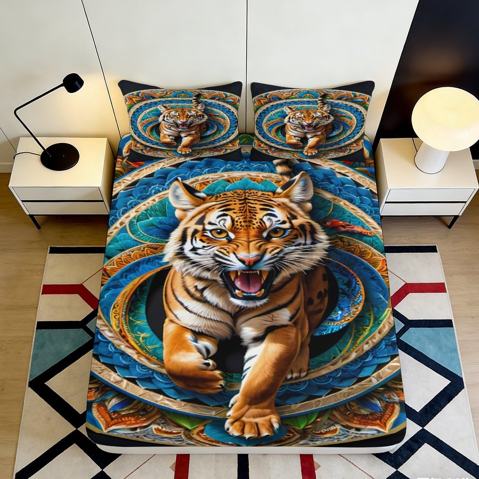 3D Printed Tiger Jungle Fitted Sheet Microfiber Soft Bed Cover for Bedroom Dorm Decor Anti-Slip Easy Care 90x200x25cm