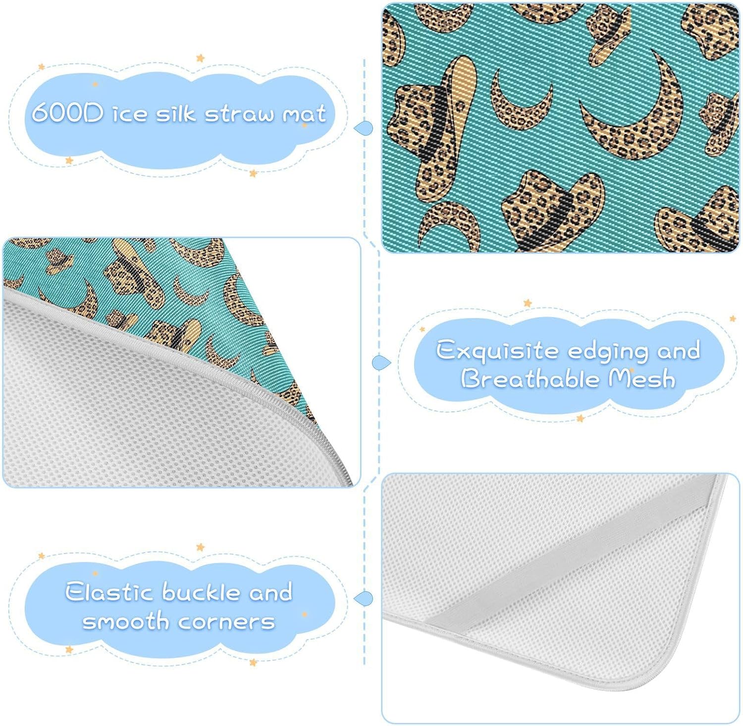 Baby Cooling Mat Leopard Cowboy Hats Ice Silk Breathable Mesh Summer Crib Mattress Pad with Pillowcase, Soft Cooling Sleeping Surface for Infant & Toddler, 52"x28"