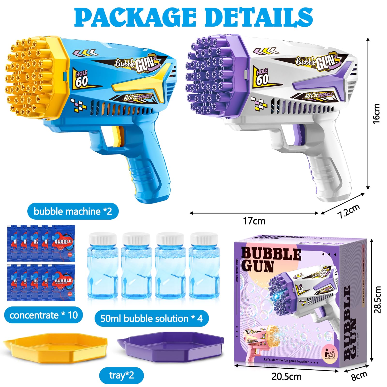 GMUFTIR Pistola de Burbujas, 2 Piezas Máquina Automática Pompas de Jabón, con 4 Botellas de solución, 10 Packs Solución de Recarga de Burbujas, para Niños, Adultos, Juguete de Verano — view 3