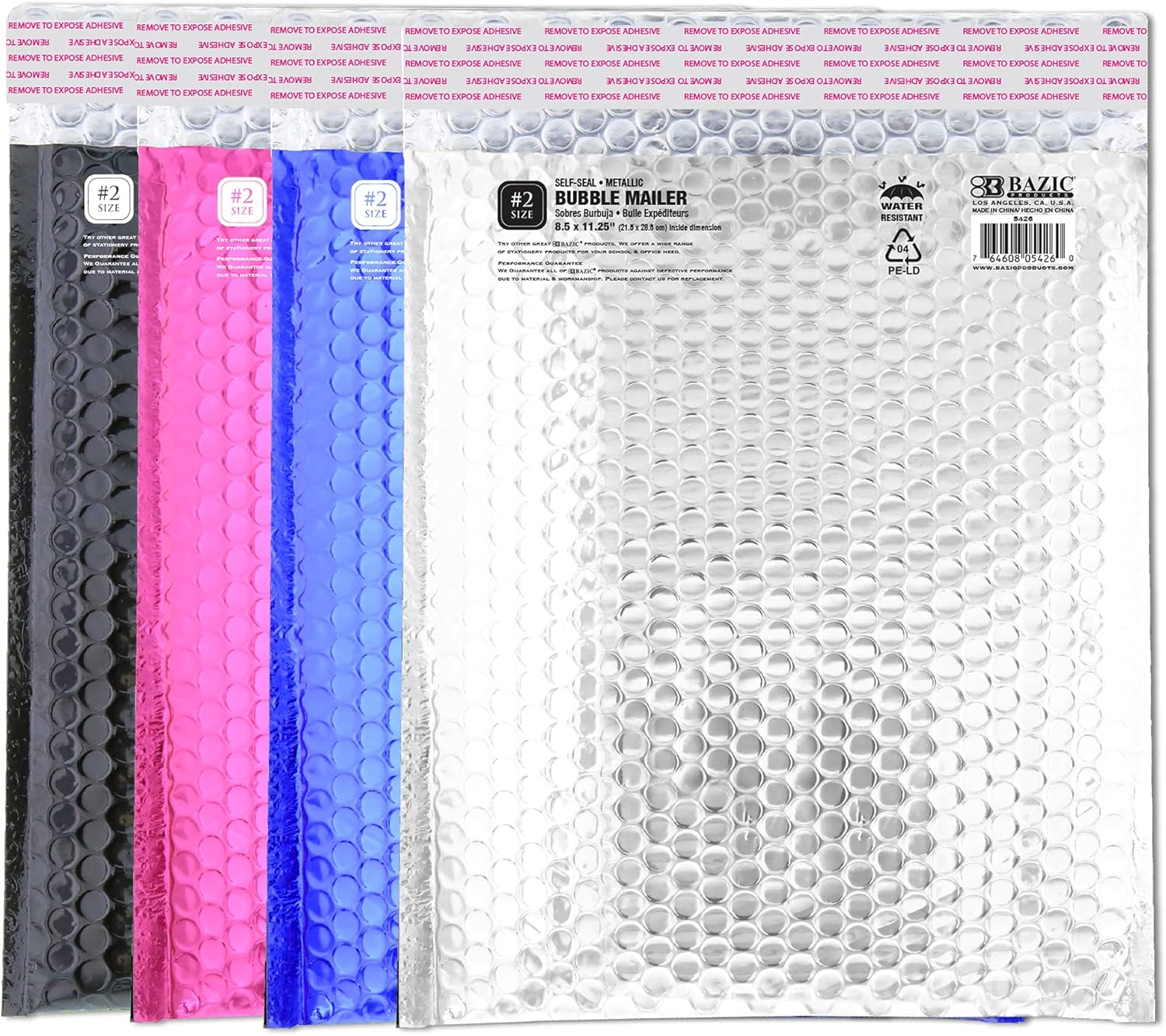 BAZIC Poly Bubble Mailers 8.5x11.25 #2 Self Seal Closure, Metallic Color Padded Cushion Envelope, Mailing Shipping Envelopes Waterproof Bag, 4-Pack