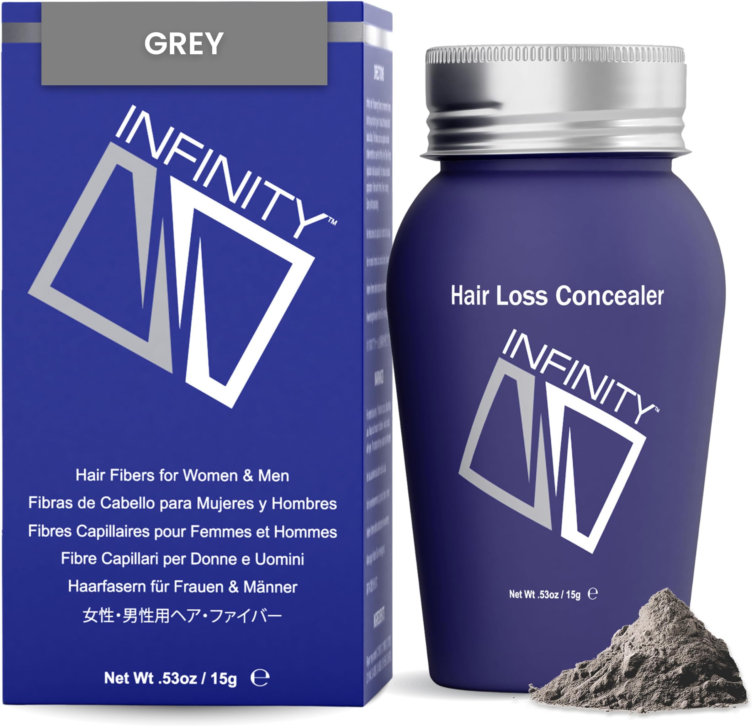 INFINITY Hair Fibers Grey for Thinning Hair for Women & Men - 100% Undetectable Hair Building Fiber Powder - Conceal Hair Loss in 15 Seconds, 15g
