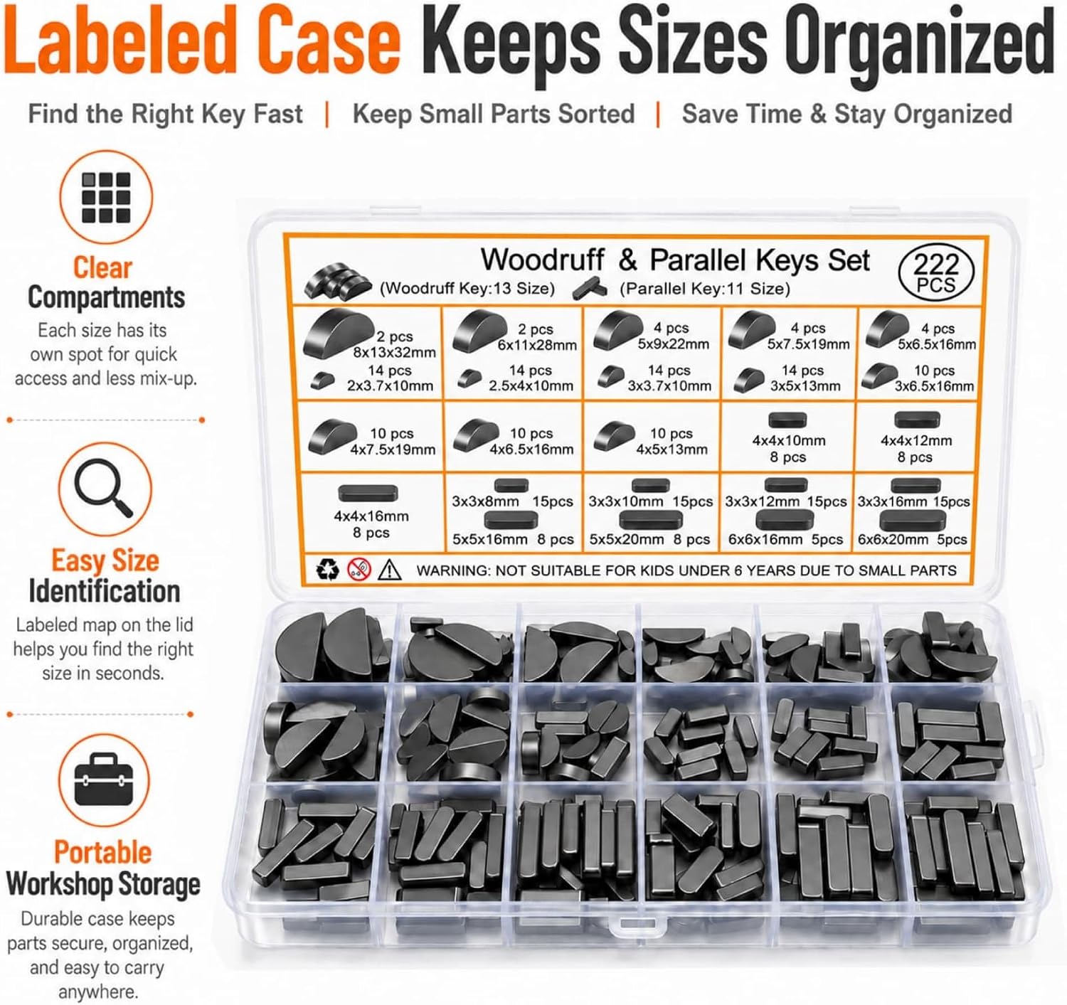 222 Pcs Metric Woodruff Key Assortment Kit with Parallel Keys, Carbon Steel