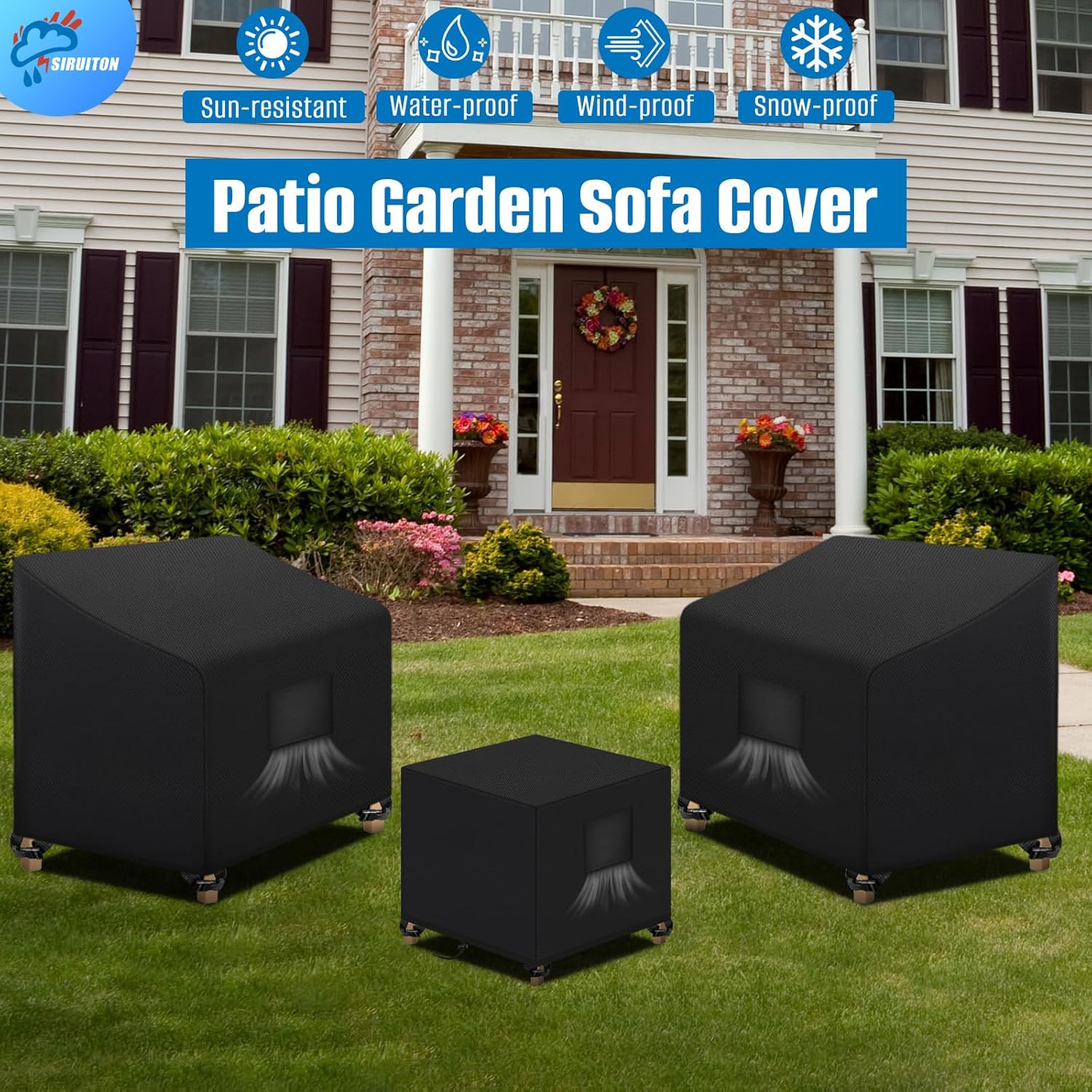 SIRUITON 3 Piece Outdoor Veranda Patio Garden Furniture Cover Set with 210D Durable and Water Resistant Fabric,Fit for Outdoor Wicker Patio Furniture Sets/Rattan Chair Conversation Sets-Balck