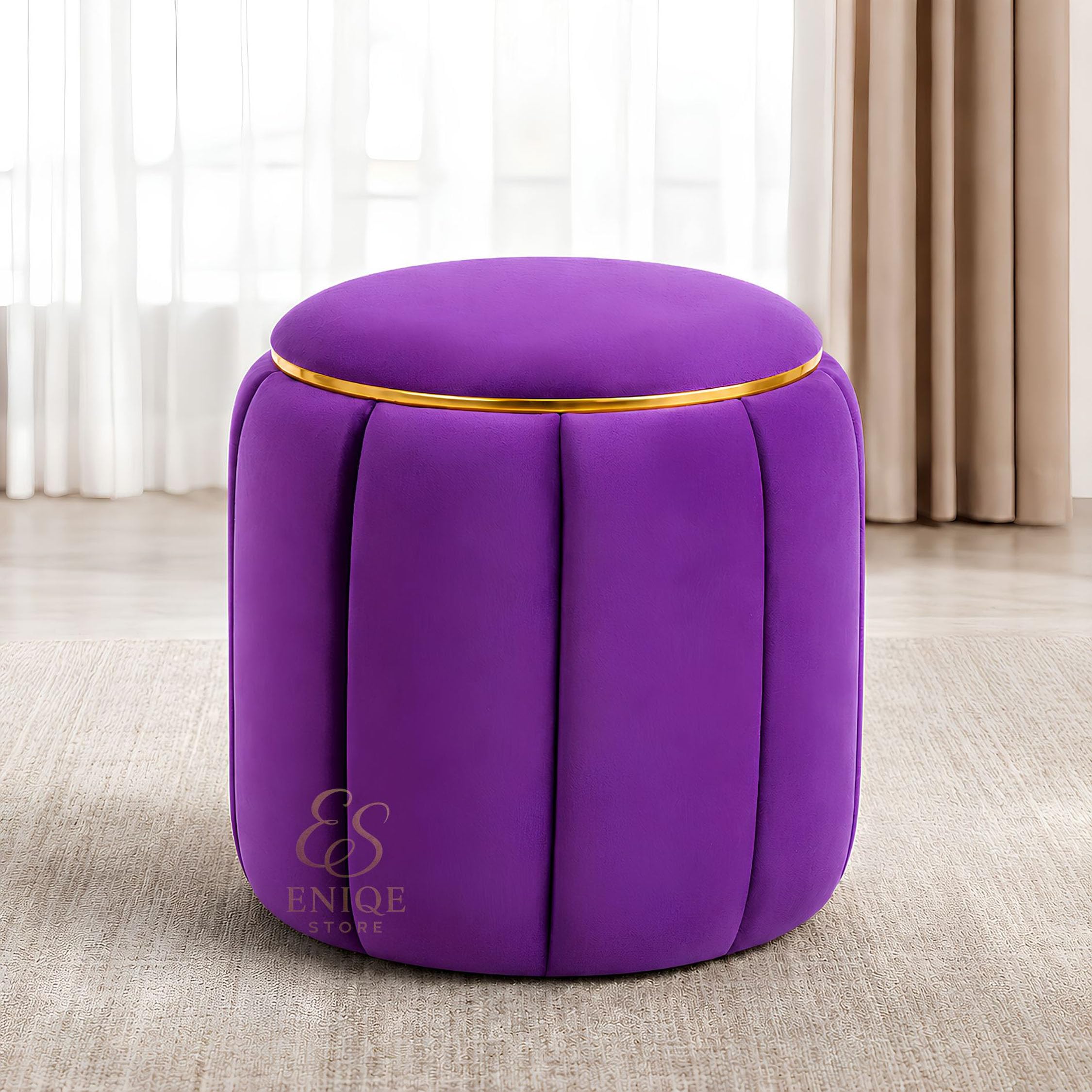 Luxury Round Velvet Ottoman Stool with Gold Metal Ring | Premium Foot Rest Stool for Living Room, Bedroom & Vanity | Modern Upholstered Pouffe Seat | Decorative Accent Furniture | Purple-image-31