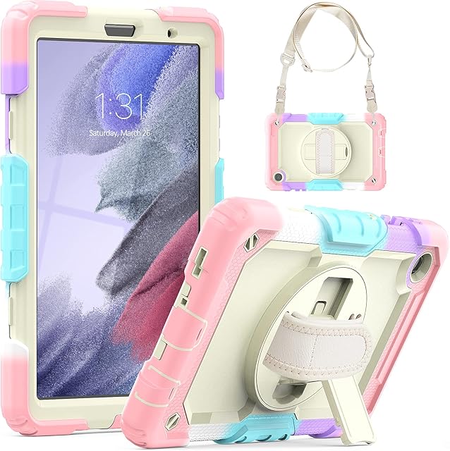 SEYMCY for Samsung Galaxy Tab A7 Lite Case 8.7 inch 2021 for Kids (SM-T220,SM-T225,SM-T227), Shockproof with 360 Degree Rotating Hand Strap Stand, Screen Protector, A7 Lite Tablet Case, Camo Pink