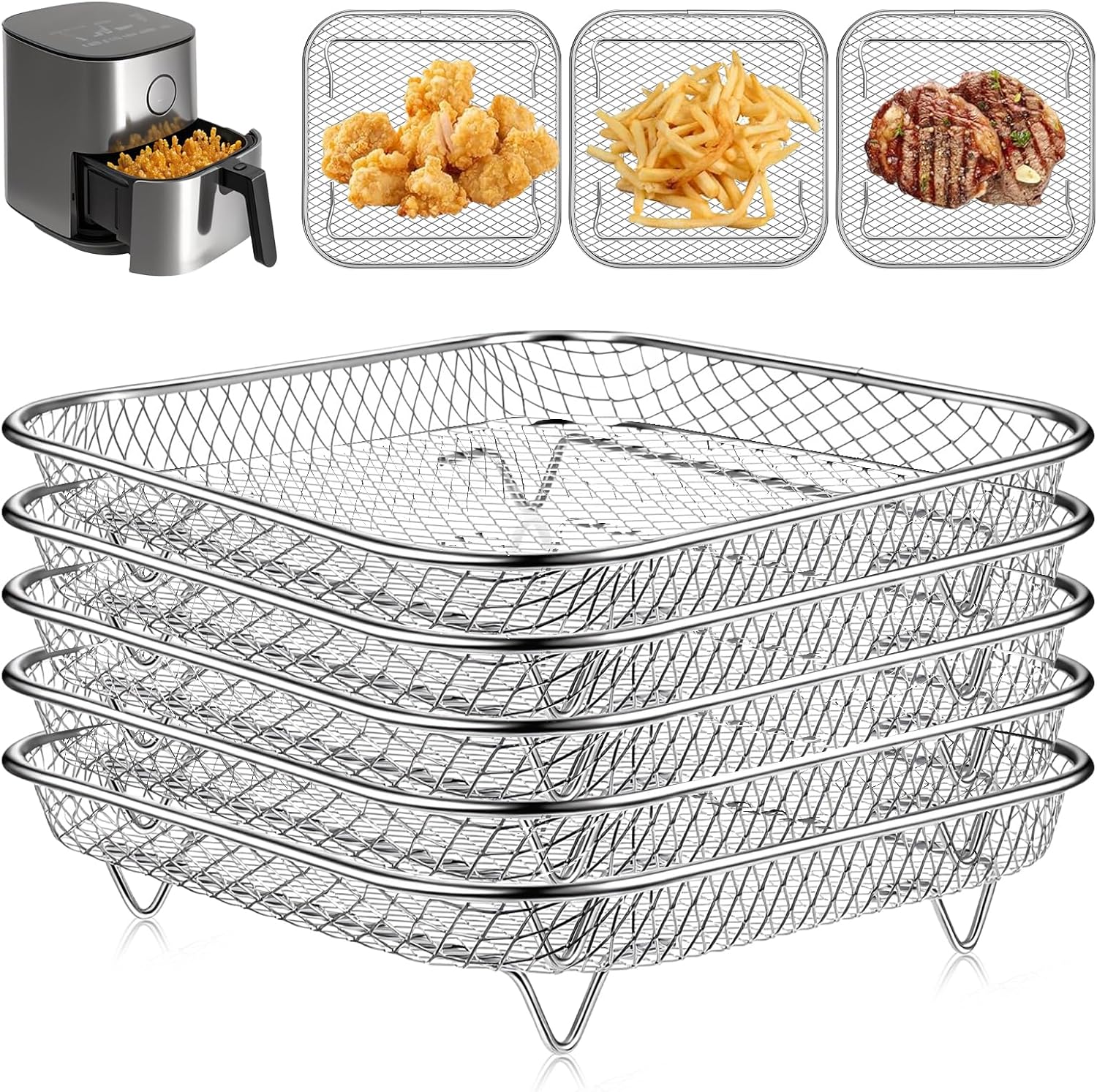 5 Pieces 8 Inch Square Air Fryer Rack, Stackable Stainless Steel Dehydrator Rack Basket, Air Fryer Accessories for Baking Roasting, Oven & Dishwasher Safe