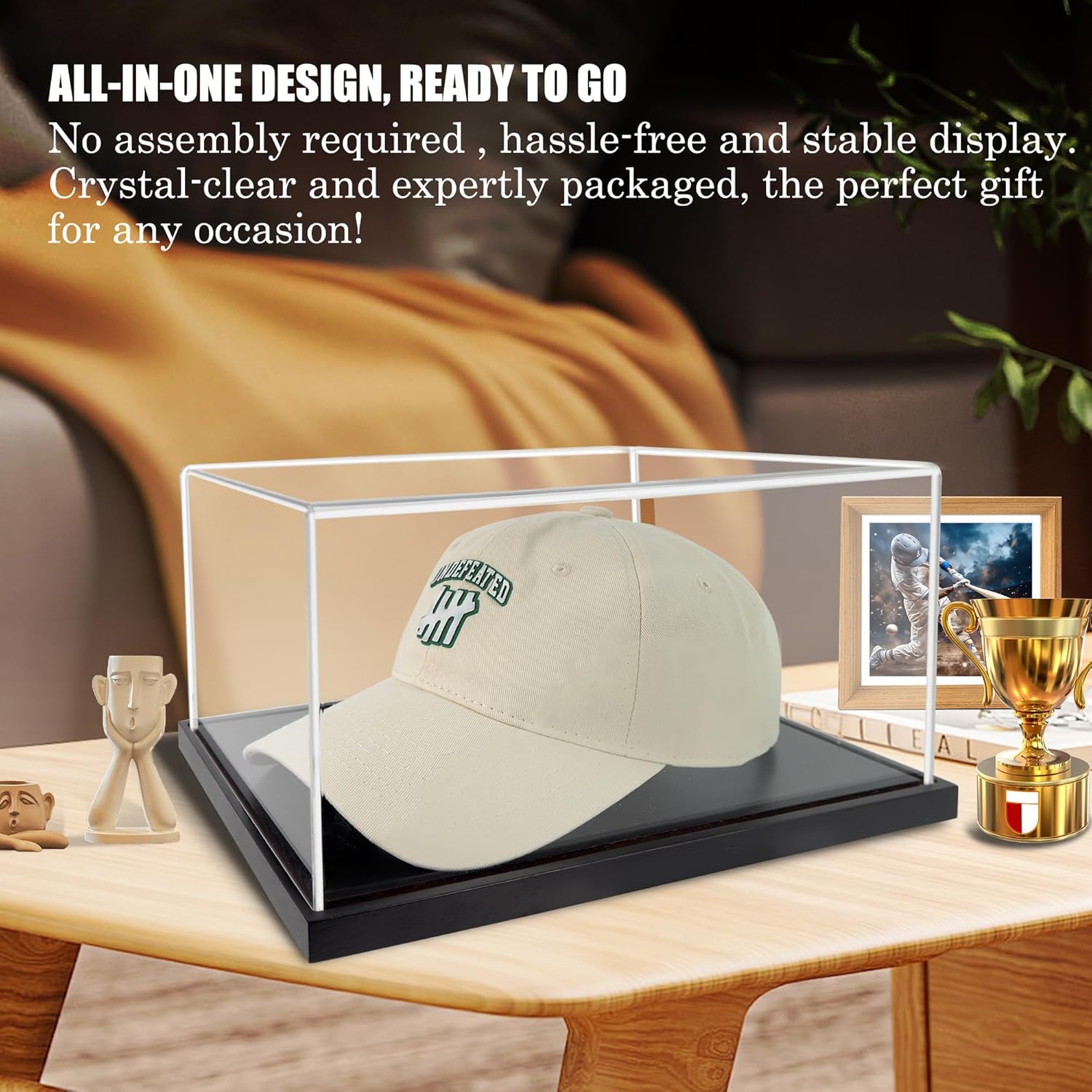 Hat Display Case, Clear One-Piece Acrylic Baseball Cap Showcase with Solid Wood Base & Hat Shaper, UV Protection Memorabilia Display Box for Signed Caps, No Assembly Required (12.5" x 9" x 6.5")