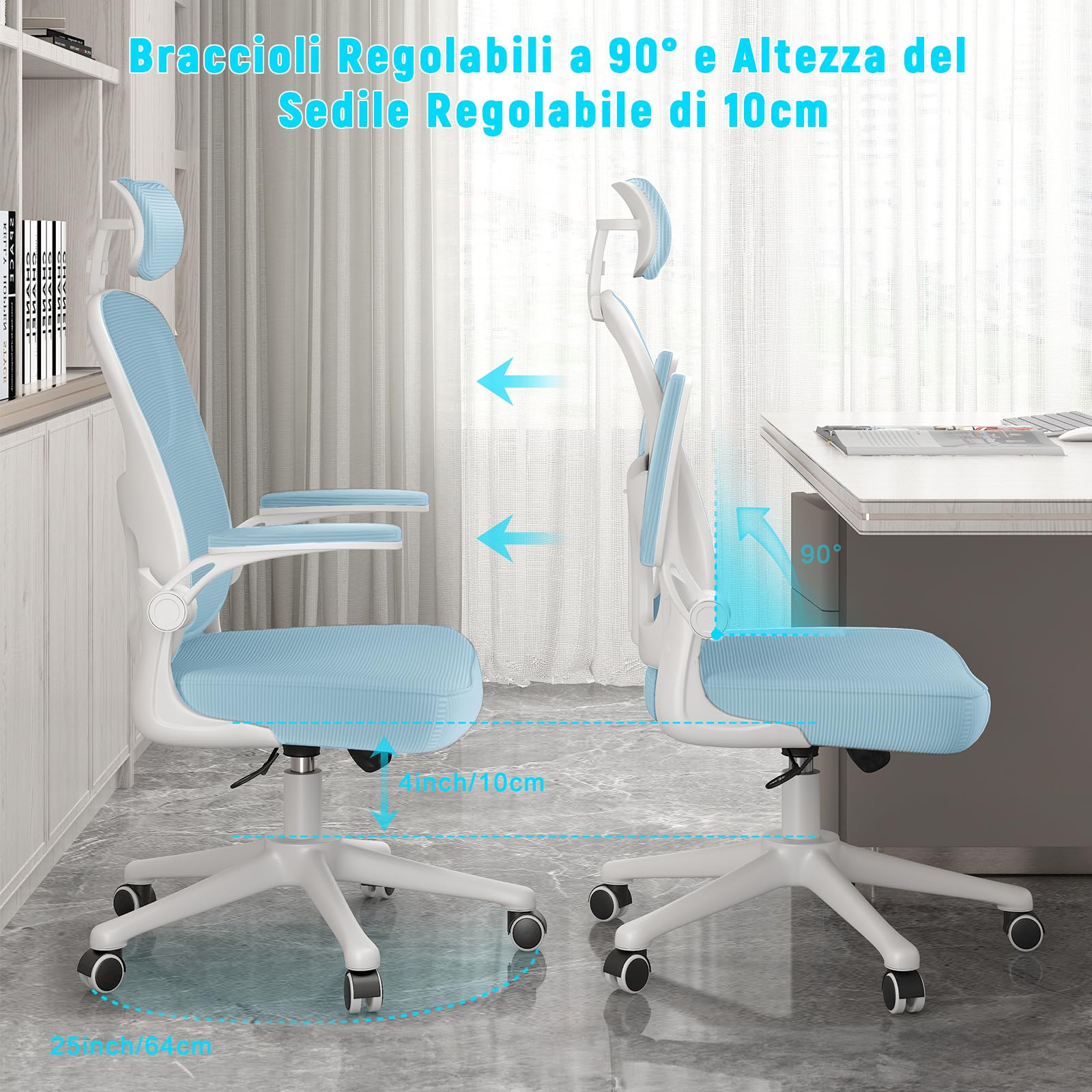 rattantree Sedia da Ufficio, Sedia Ufficio Scrivania con Poggiatesta Regolabile, Sedia Ergonomica per Computer con Braccioli Regolabili e Supporto Lombare per Home Office, Blu
