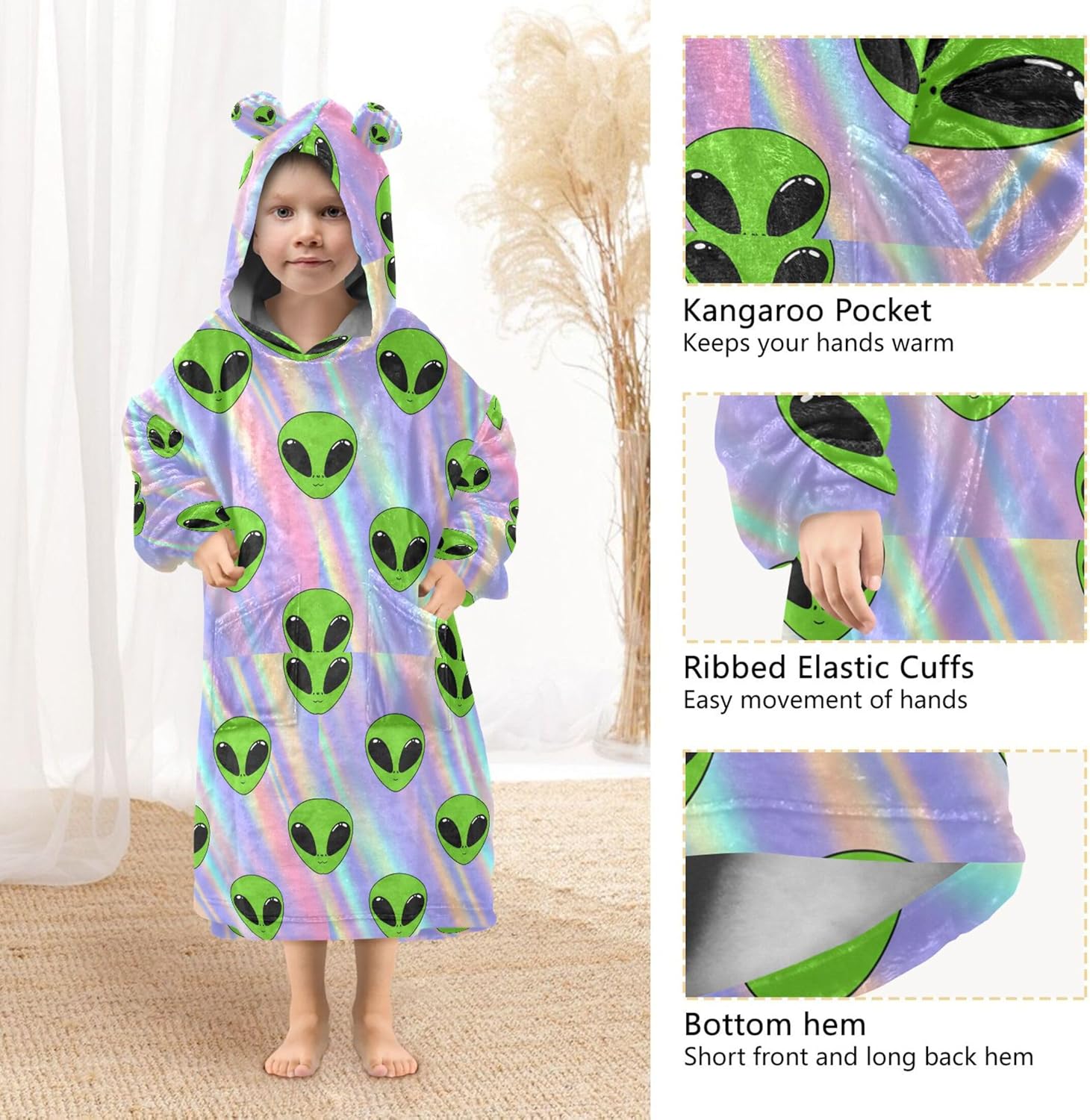 Cute Alien Ufo Kids Wearable Blanket Hoodie with Pocket and Sleeves for Toddlers, Cute Hoodies Girls Boys B0404022