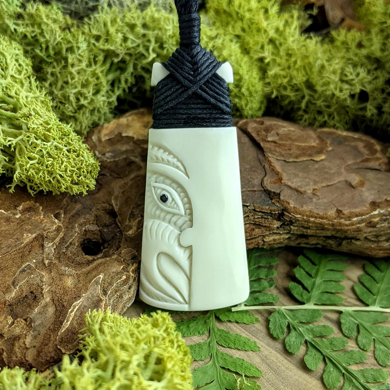81stgeneration Hand-Carved Bone Paua Shell Large HEI Toki Pendant with Engraved Maori Warrior Face - NZ-Style Cord Neckace - Men's Surfer Accessory - Handmade Tribal Statement Jewelry for Women - Image 5