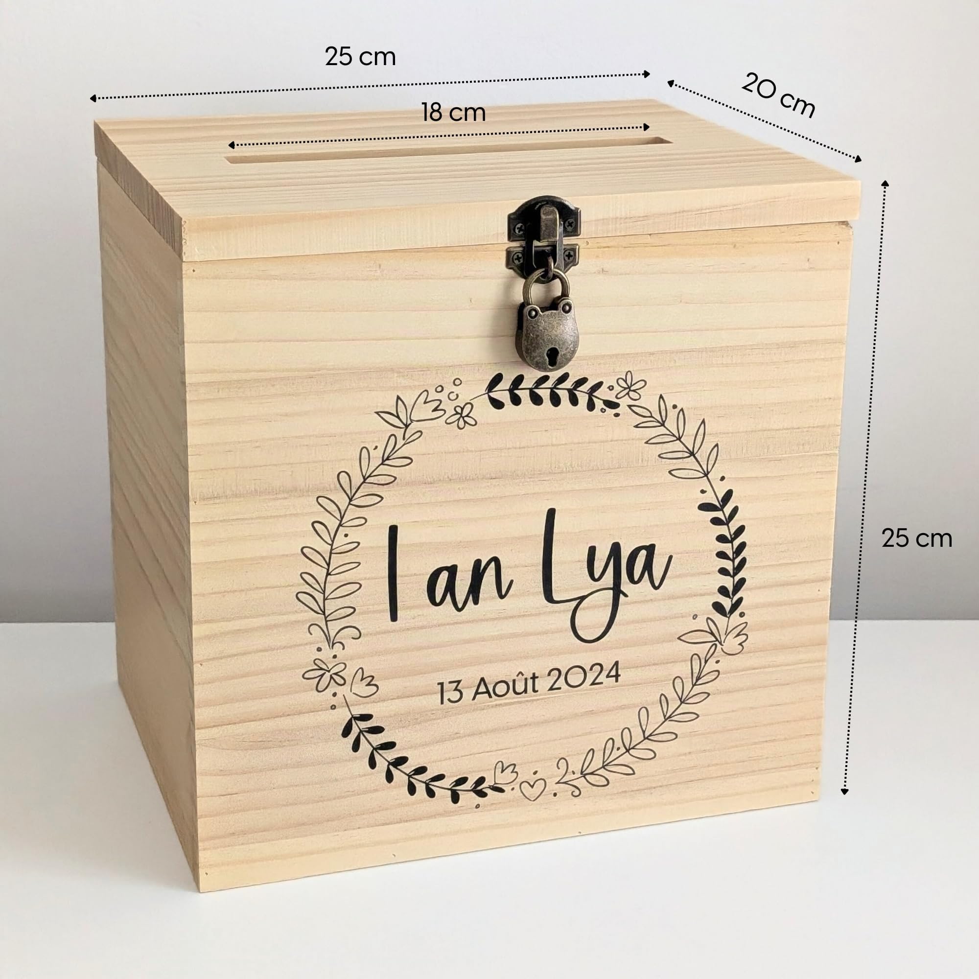 Grande urne baptême personnalisée en Bois avec Cadenas | 25 x 25 x 20 CM | Urne baptême, Communion, Confirmation, Profession de Foi, Baby-Shower, Mariage, Anniversaire | TE Whaka