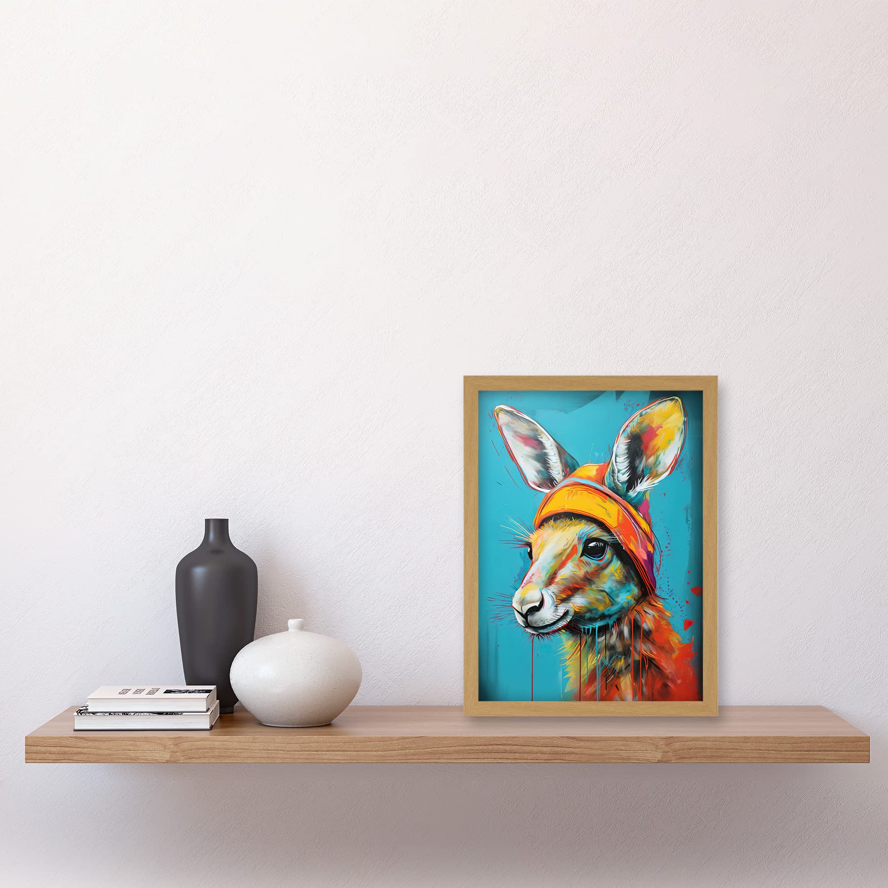 Artery8 Baby Kangaroo Joey Wearing Hat Teal and Orange Artwork Framed Wall Art Print A4, Framed Light Oak A4, 32.3L x 23.4W cm - Image 2