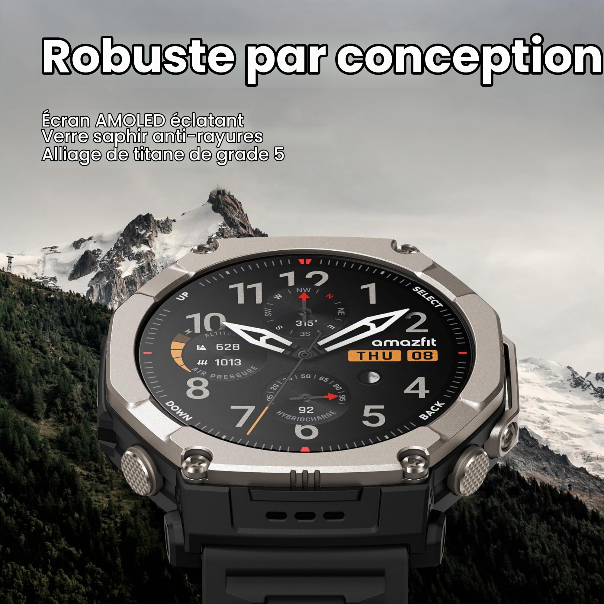 Amazfit T-Rex Ultra 2 Montre connectée d'extérieur GPS Double Bande 51 mm Ti Body, écran AMOLED Saphir de 1,5", Lampe de Poche, Batterie de 30 Jours, Cartes Hors Ligne, 10 ATM, 180+ Mode Sport pour