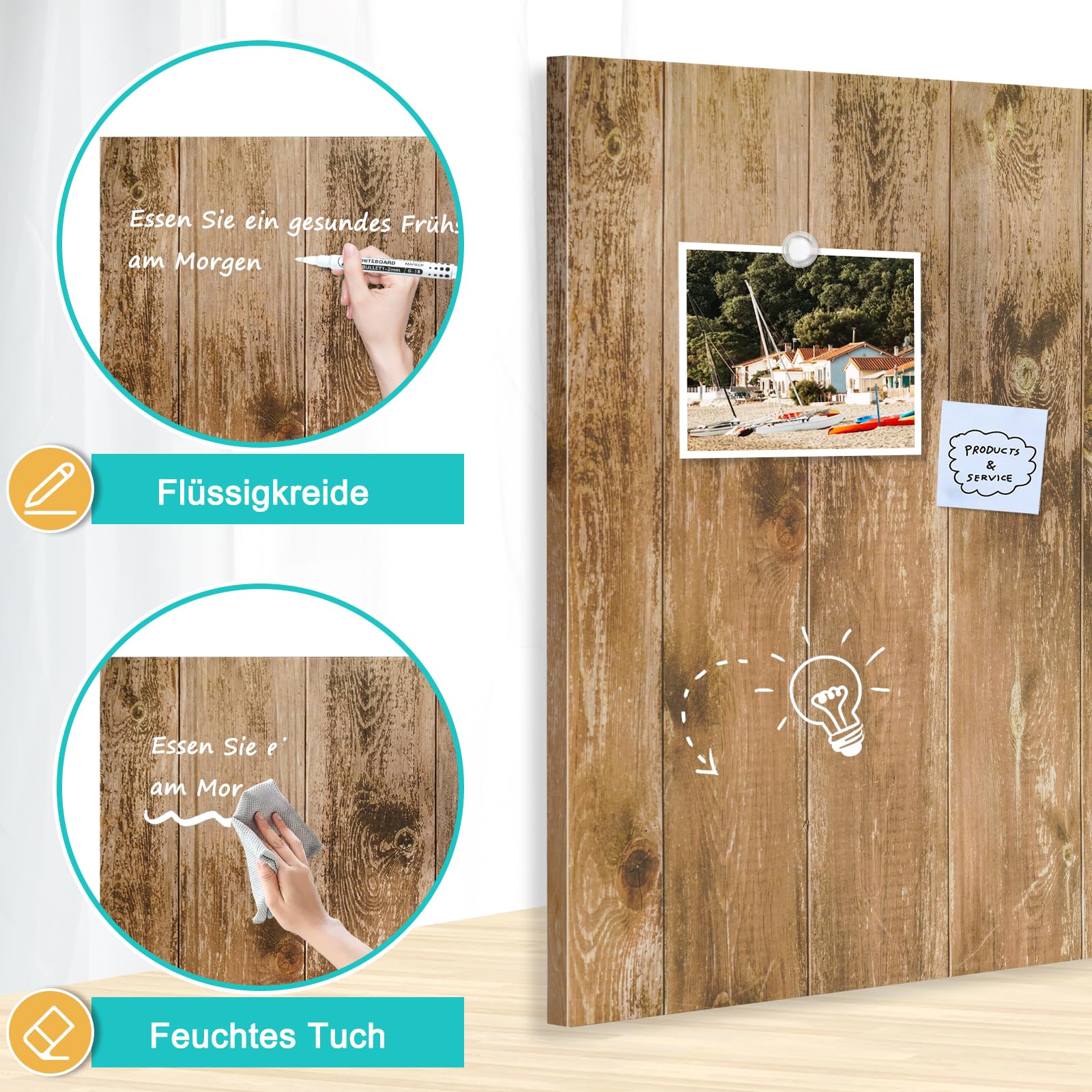 DOLLAR BOSS Pizarra blanca magnética, 45 x 60 cm, Magnettafel para la pared, pizarra magnética para imprimir, Memoboard con imanes, 2 bolígrafos, tableros de madera marrones