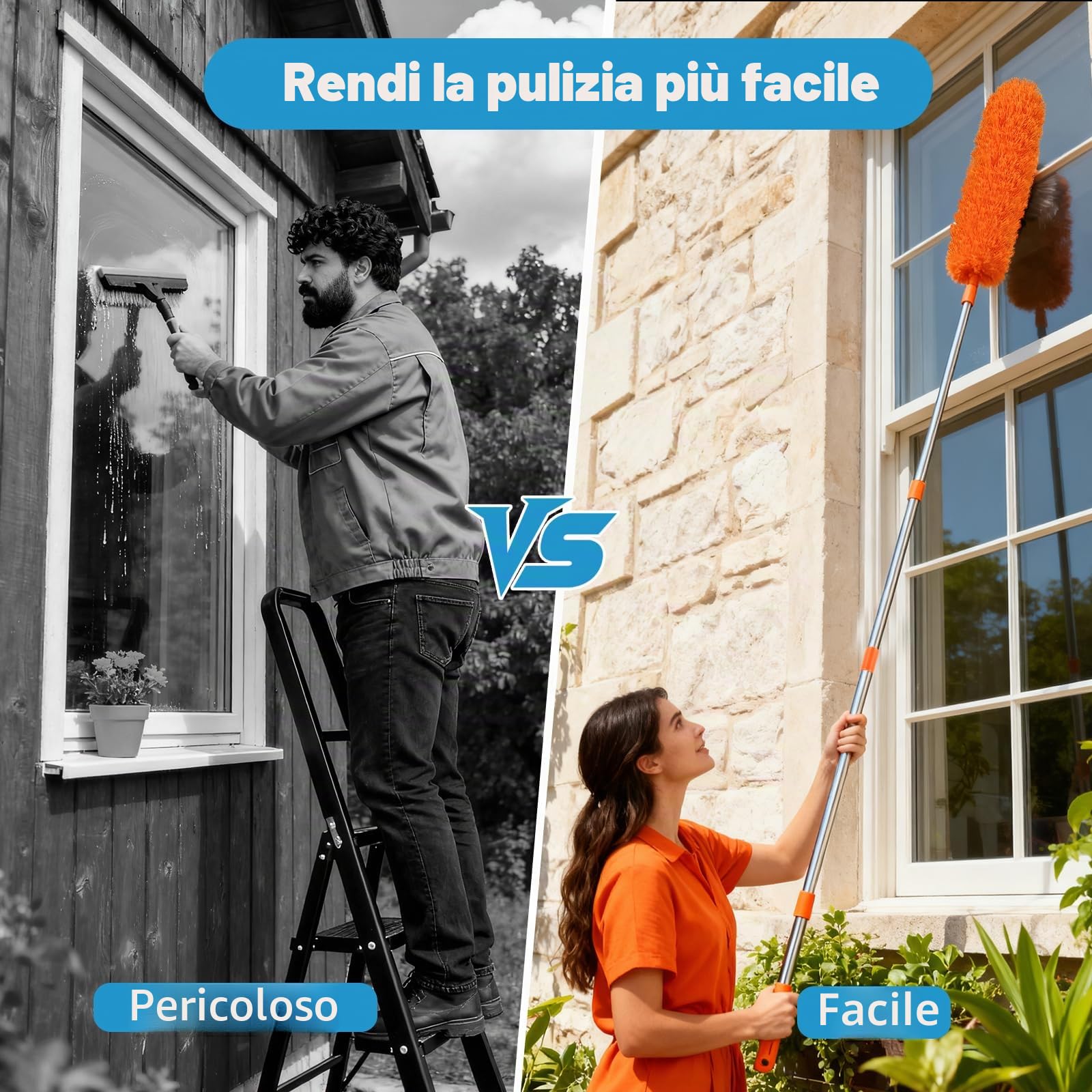 Zikenis Feather Duster Cleaning Set per Spolverini con Asta Fissa, Spolverino in Microfibra Lavabile e Riutilizzabile per Divani, Soffitti, Ragnatele, Vetri, Ventilatori da Soffitto