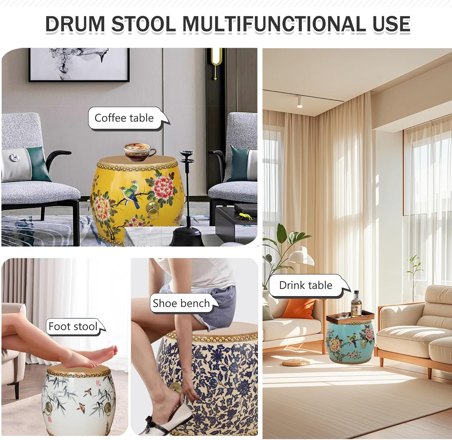 13.7" Chinese Garden Stool,Chinoiserie Style Wood Drum Stools,Indoor/Outdoor Side Table,Plant Stand Decorative,Classical Footstool,for Living Room,Patio,Bedroom(White Mountain)