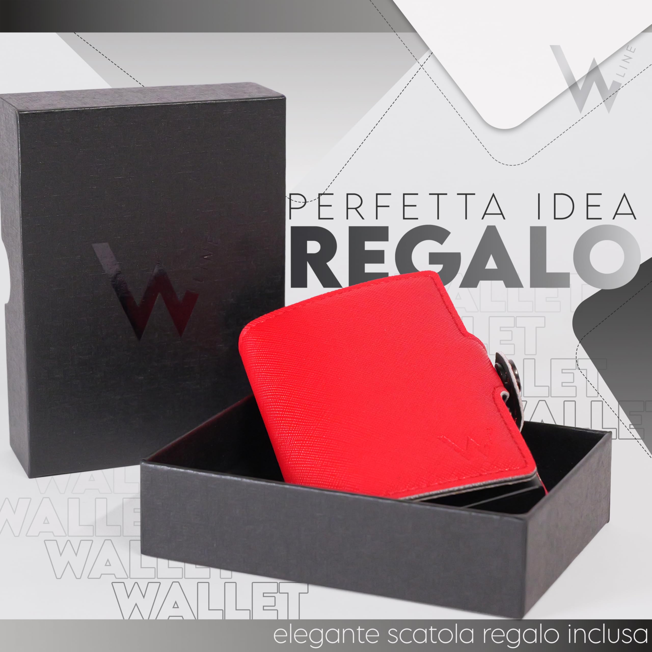 WLine Portafoglio Donna Piccolo con Portamonete Rfid Compatto ed Elegante - Porta Carte di Credito Donna e Uomo Schermato in Pelle PU - Portatessere Tascabile (Rosso e Nero Saffiano, Con Zip)