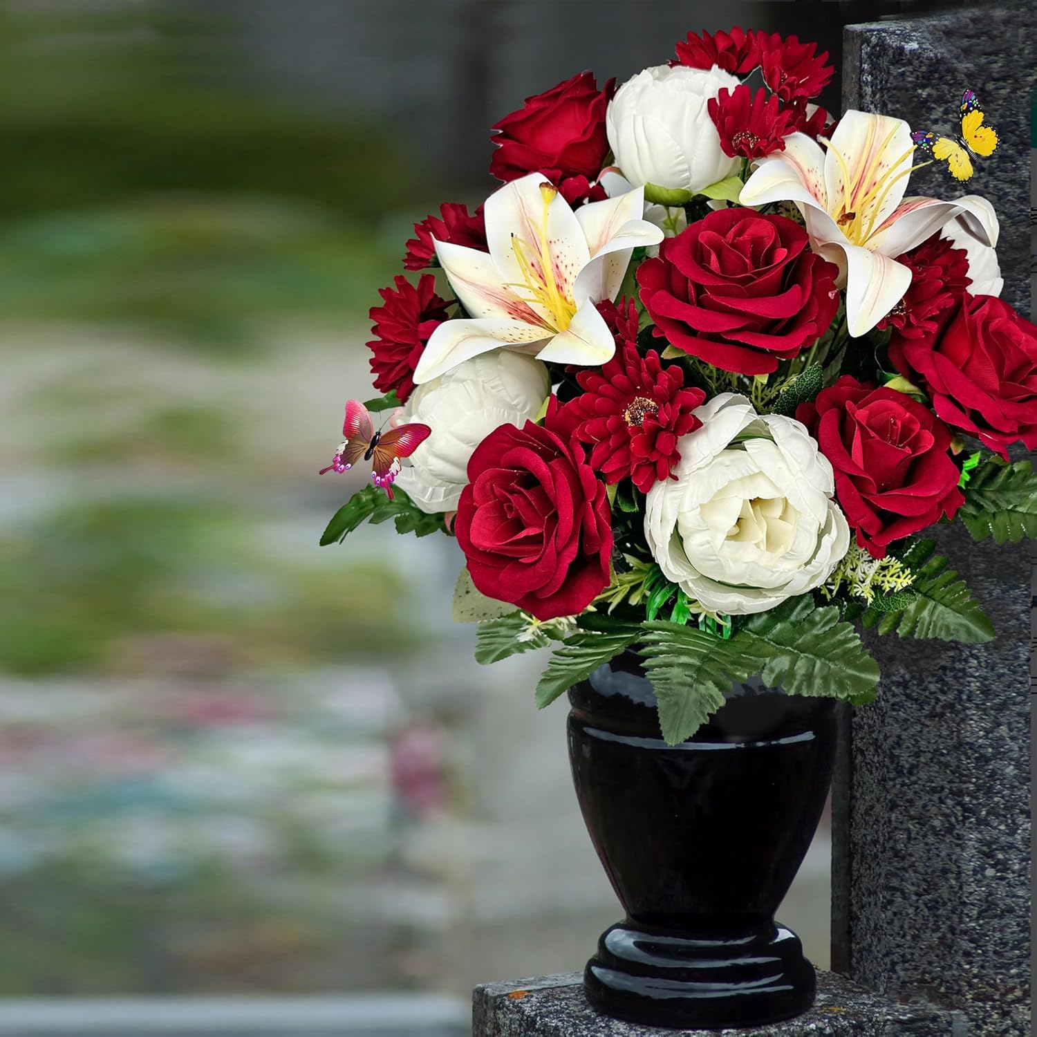 Artificial Cemetery Flowers for Grave，Gravesite Flowers with Vase for Tombstone,Bright and Vibrant Red Rose Lily Hibiscus