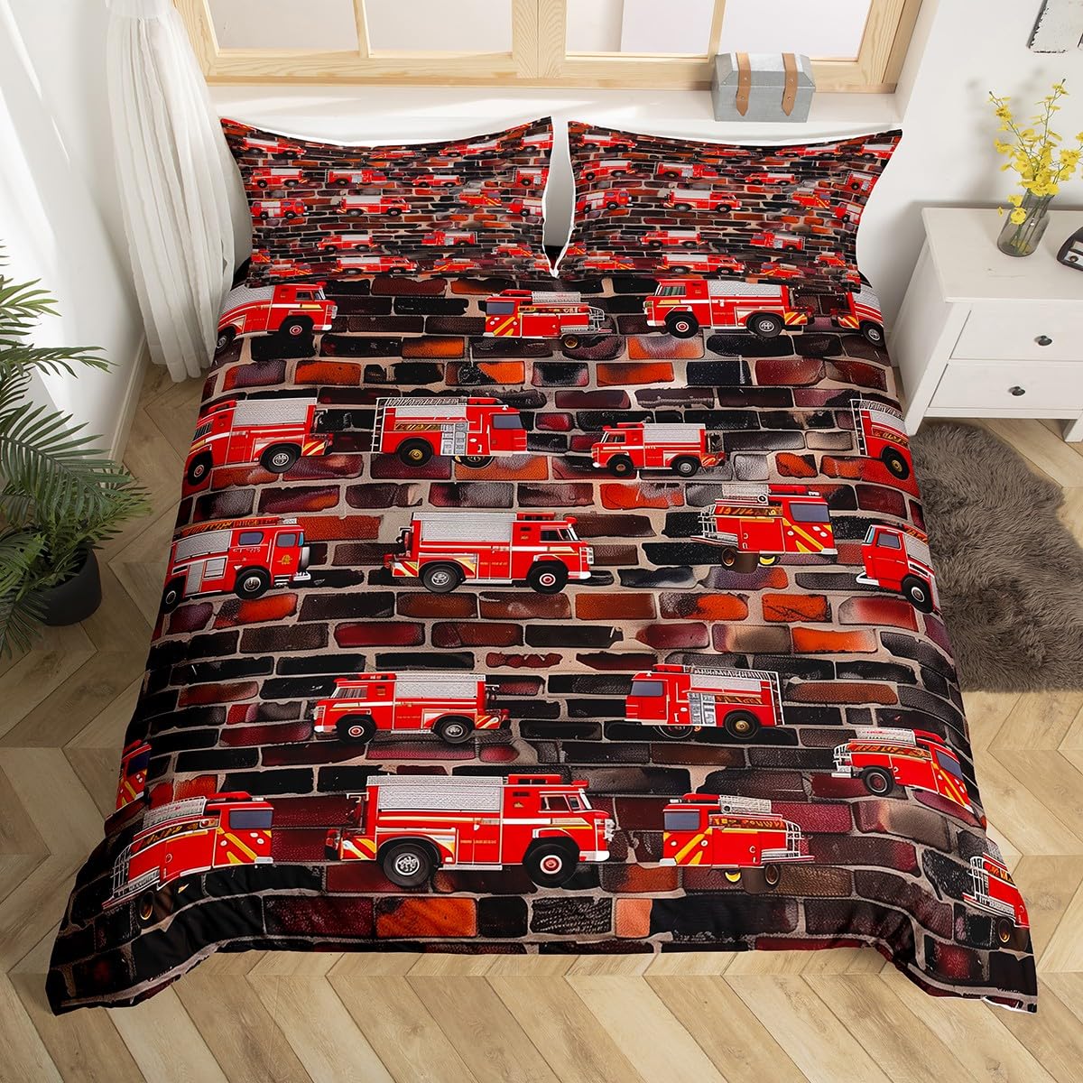 Homewish Feuerwehrauto Bettwäscheset 135x200 Kinder, Cartoon Feuerwehrfahrzeug Bettbezug Set für Jungen Teenager, Geometrische Wandfliesen Polyester Schlafzimmer Dekor Mit 1 Kissenbezug 80x80