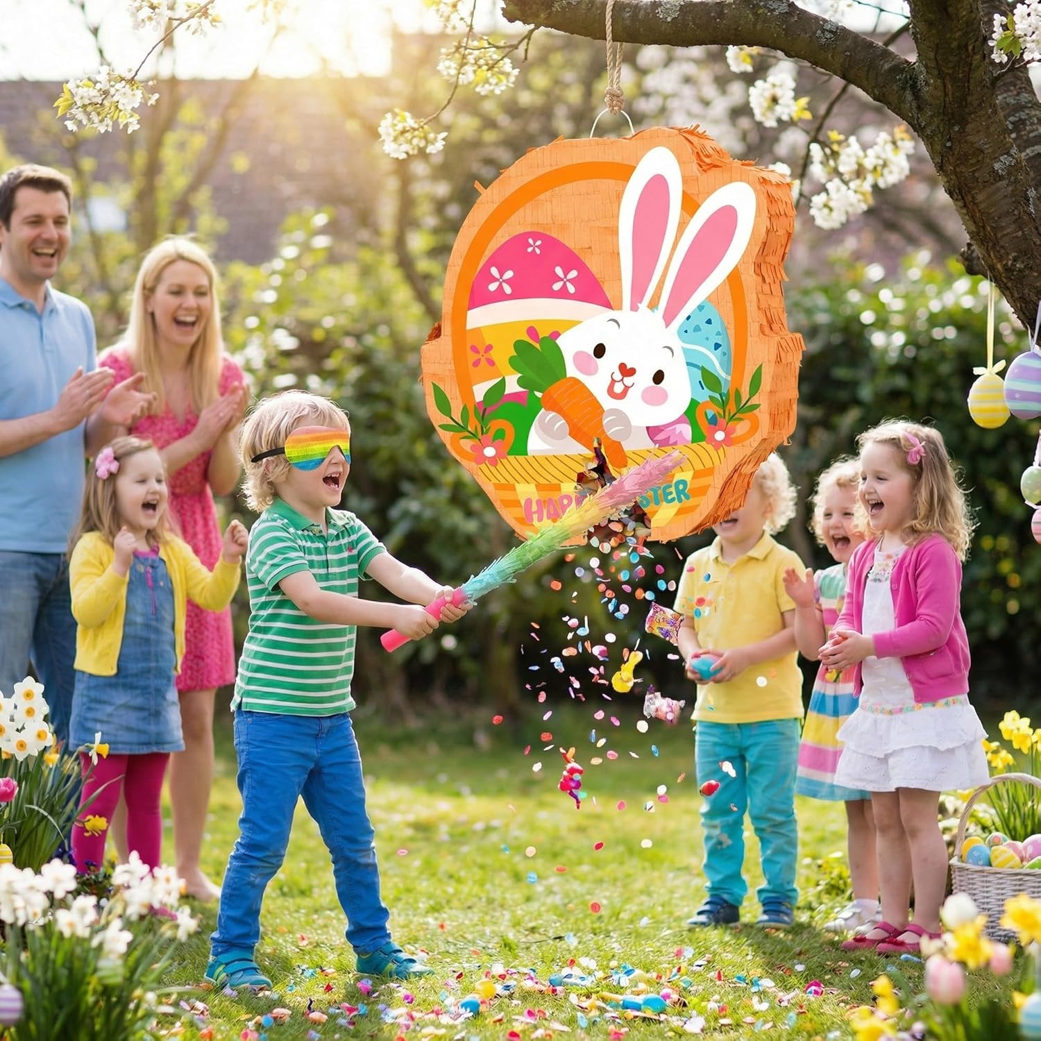 Happy Easter Pinata, 13.8'' x 16'' Spring Party Piñata Bunny Egg Piñata for Spring Easter Party Decorations Supplies