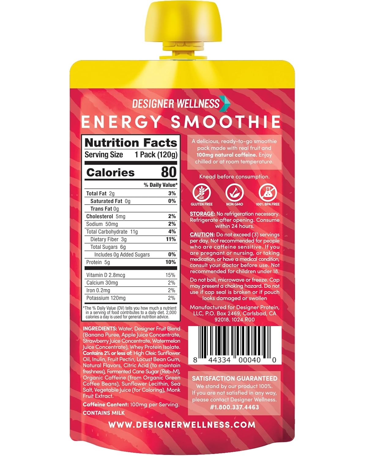 designer wellness energy smoothie, real fruit, 100mg natural caffeine, 5g protein, low carb, zero added sugar, gluten-free, strawberry watermelon, 12 count energy strawberry watermelon 4.2 fl oz (pack of 12)(exp 05/30/2026)