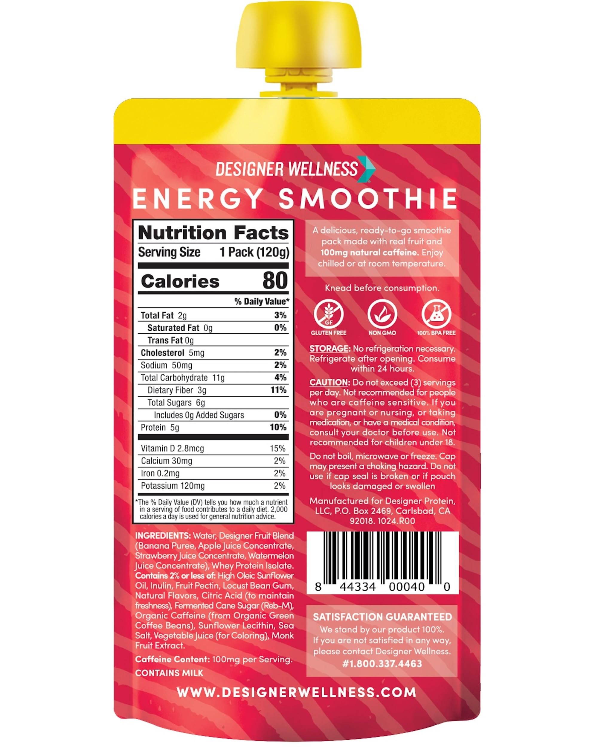 Designer Wellness Energy Smoothie, Real Fruit, 100mg Natural Caffeine, 5g Protein, Low Carb, Zero Added Sugar, Gluten-Free, Strawberry Watermelon, 12 Count