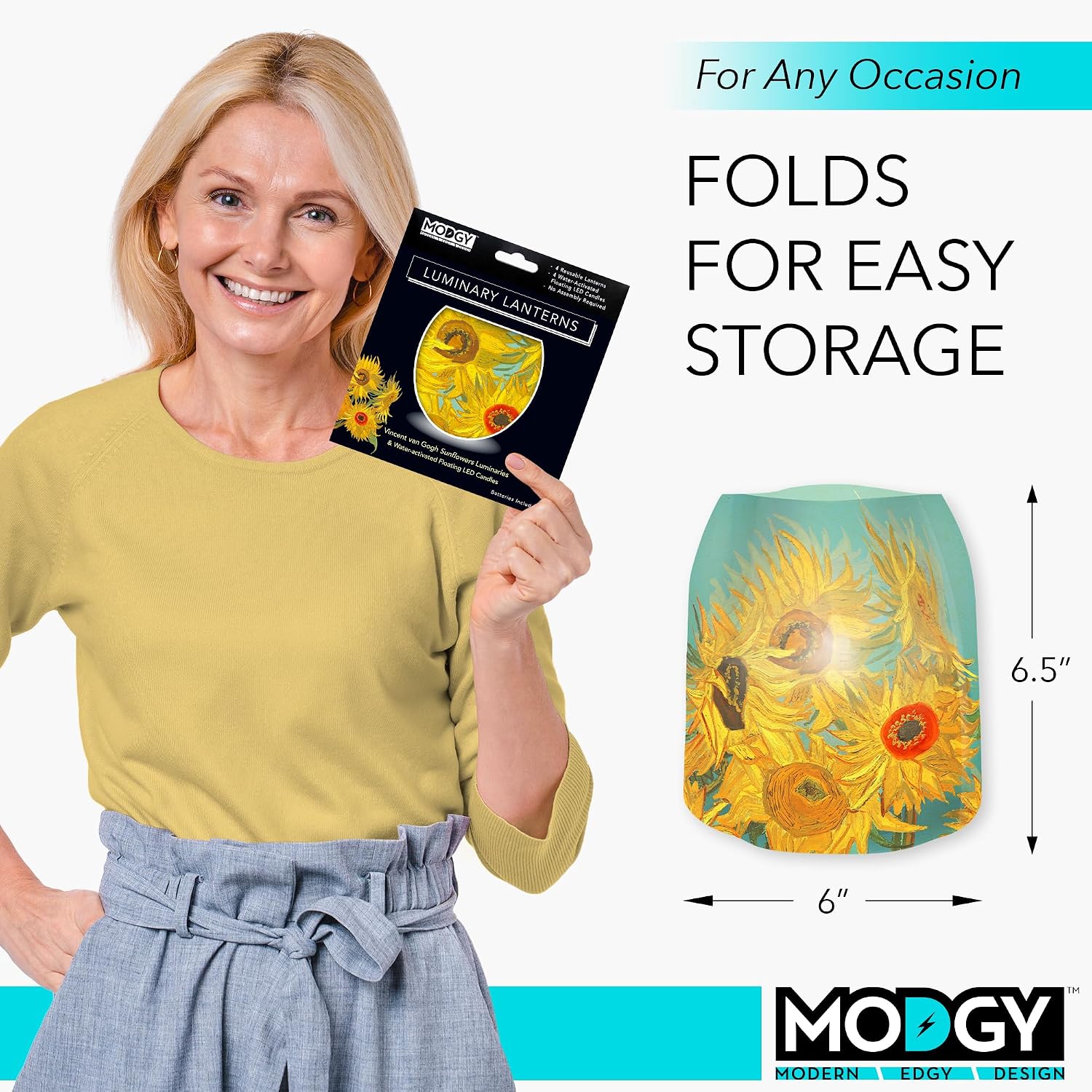 MODGY Luminary Lanterns Candle Holder Decorative Indoor Outdoor, for Wedding Centerpiece Decoration Outside Patio, with Flameless Floating LED Candles Van Gogh Sunflowers, Pack of 4
