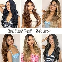 Vista 6 de Peluca larga ondulada marrón degradado para mujer, de 26 pulgadas, raya en medio, pelucas de aspecto natural, fibra sintética resistente al calor