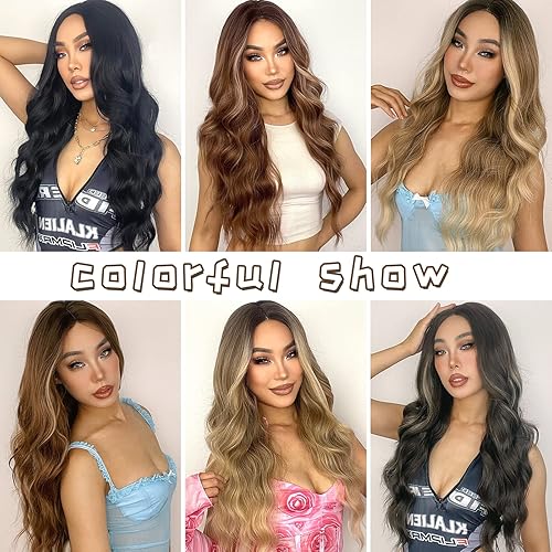 Miniatura 6 de LINGHANG Pelucas largas onduladas de color castaño rojizo para mujer, 26 pulgadas de largo, color rojo cobrizo, parte media, peluca rizada y