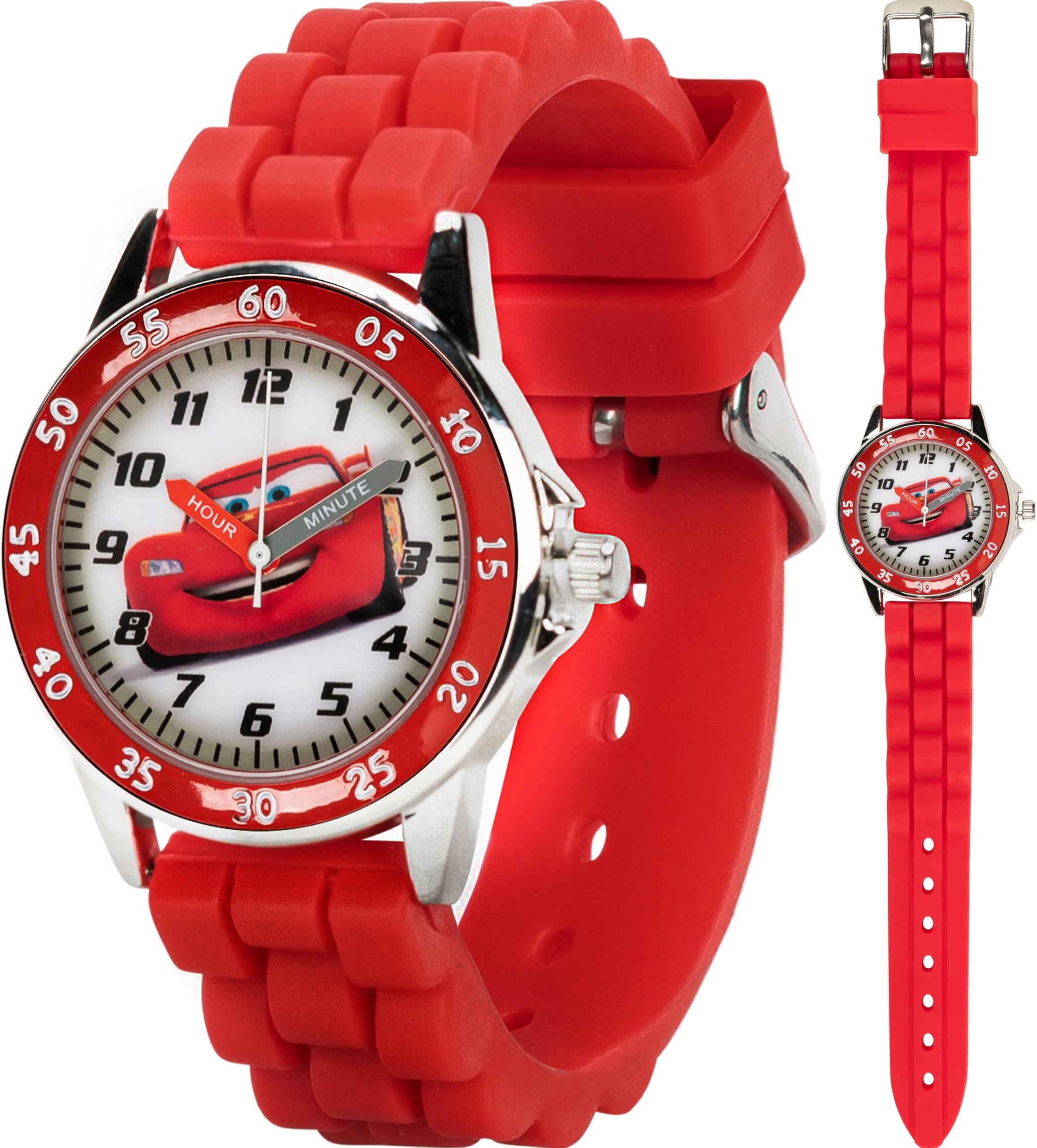 Disney Kids' CZ1009 "Time Teacher" Cars Lightning McQueen Round Watch with Red Rubber Strap