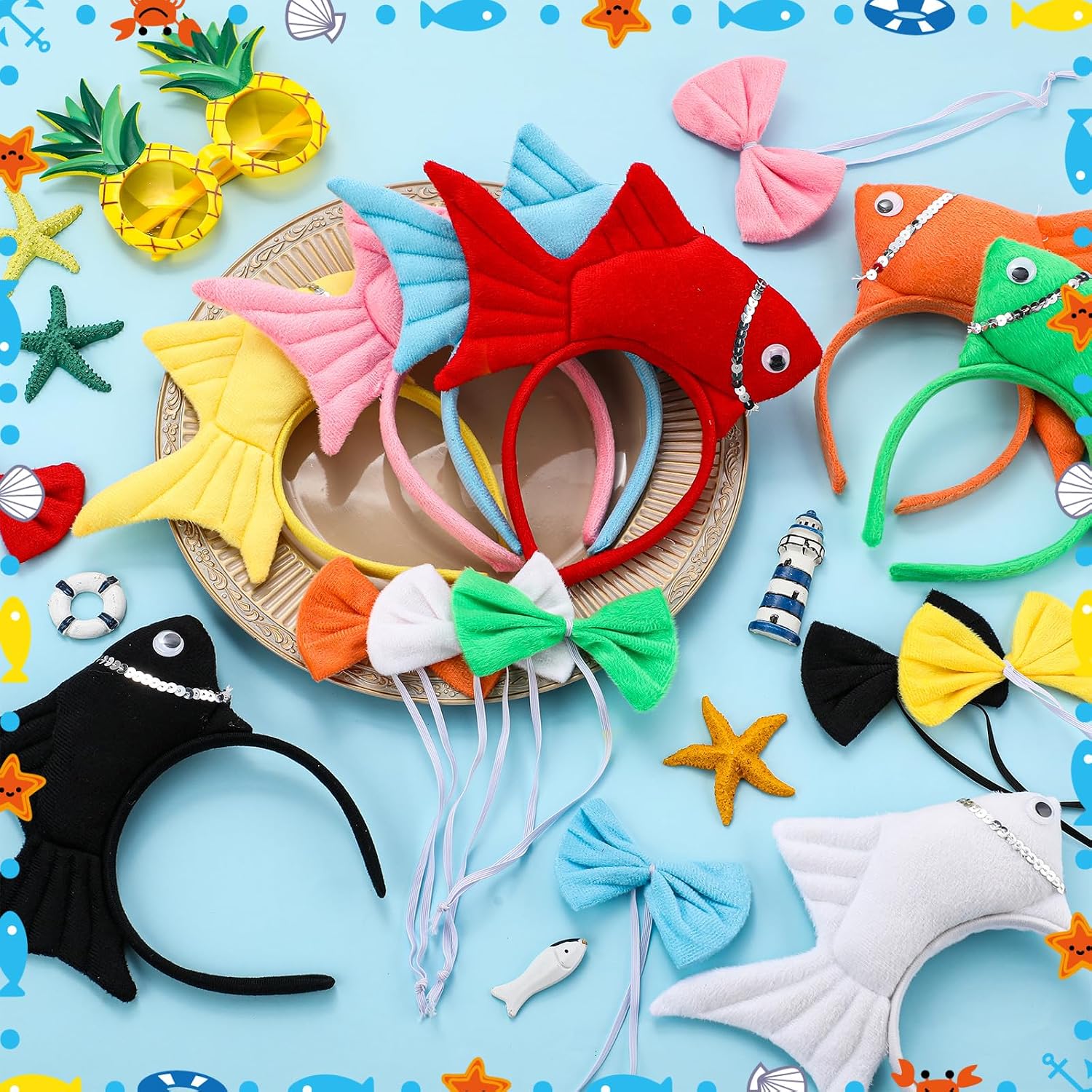 Crowye 16 Pcs Goldfish Cosplay Costume Including Bowtie and Goldfish Headband, Sea Animal Costume Props Hairband Women's Carnival Accessories for Halloween World Book Day Birthday Supplies, 8 Colors