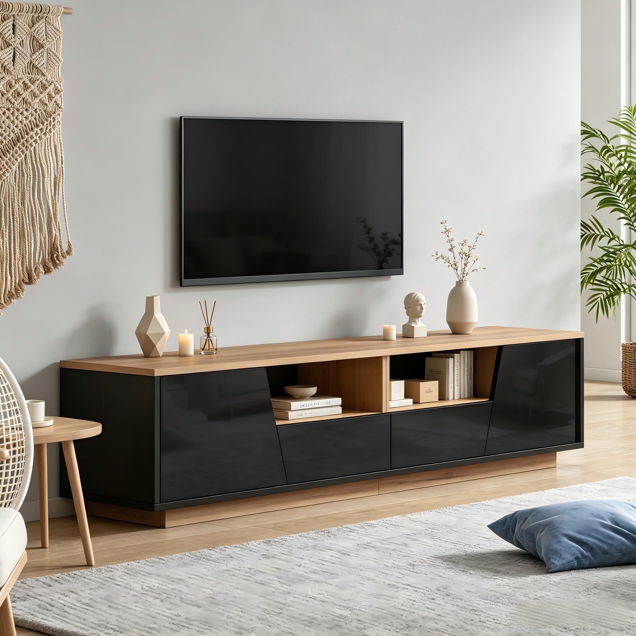 Mobile basso lucido, 180 x 40 x 46 cm, mobile TV con 2 cassetti e 2 armadi, mobile TV, adatto per televisori fino a 75 pollici, nero + giunto in legno
