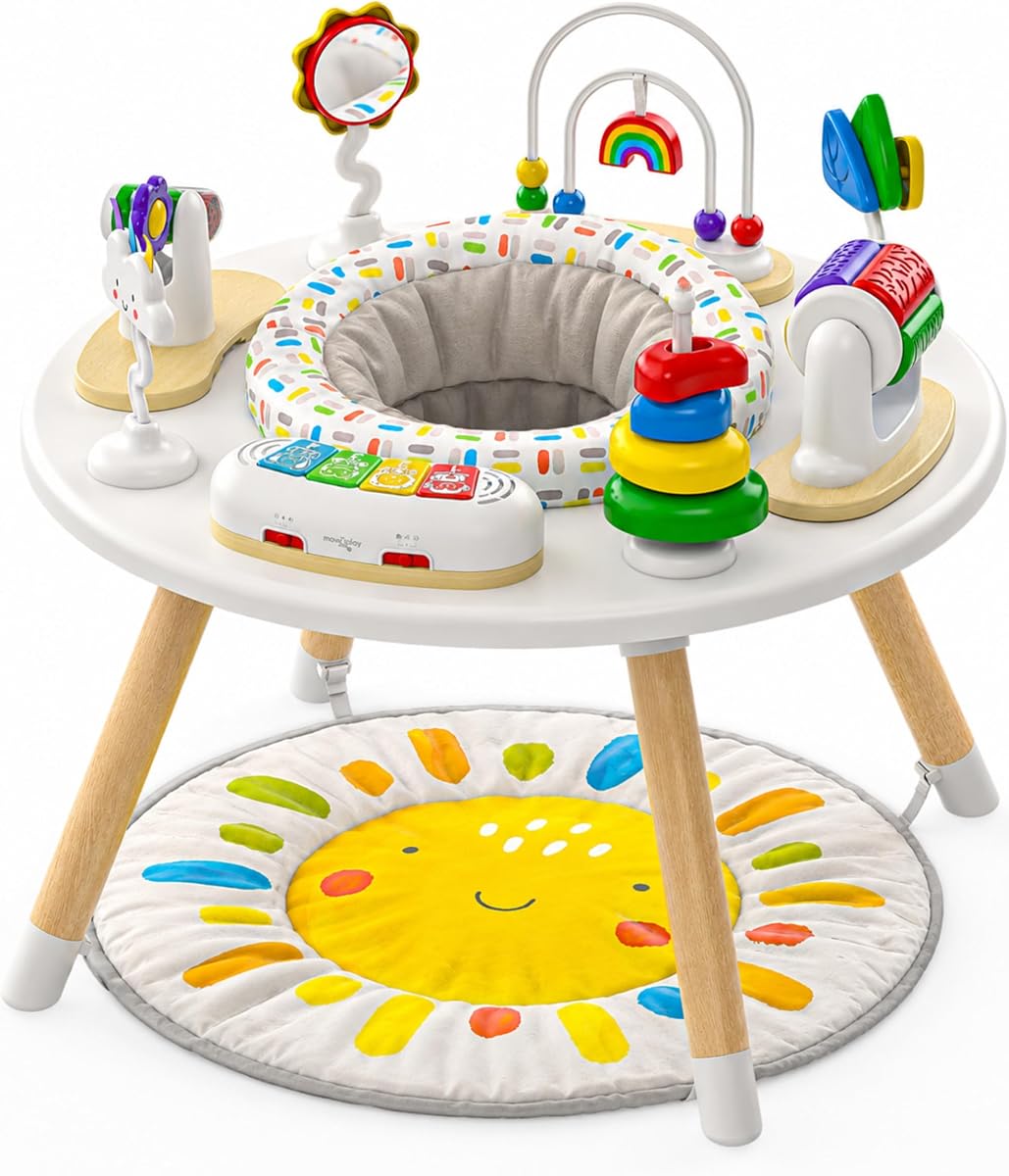 Little Acorn, centro de actividades para bebés 4 en 1 | Diseño inspirado en Montessori | 8 juguetes interactivos | Tiempo boca abajo, ejercisador y mesa para niños pequeños | Regalo de ducha | Esencial (sol)