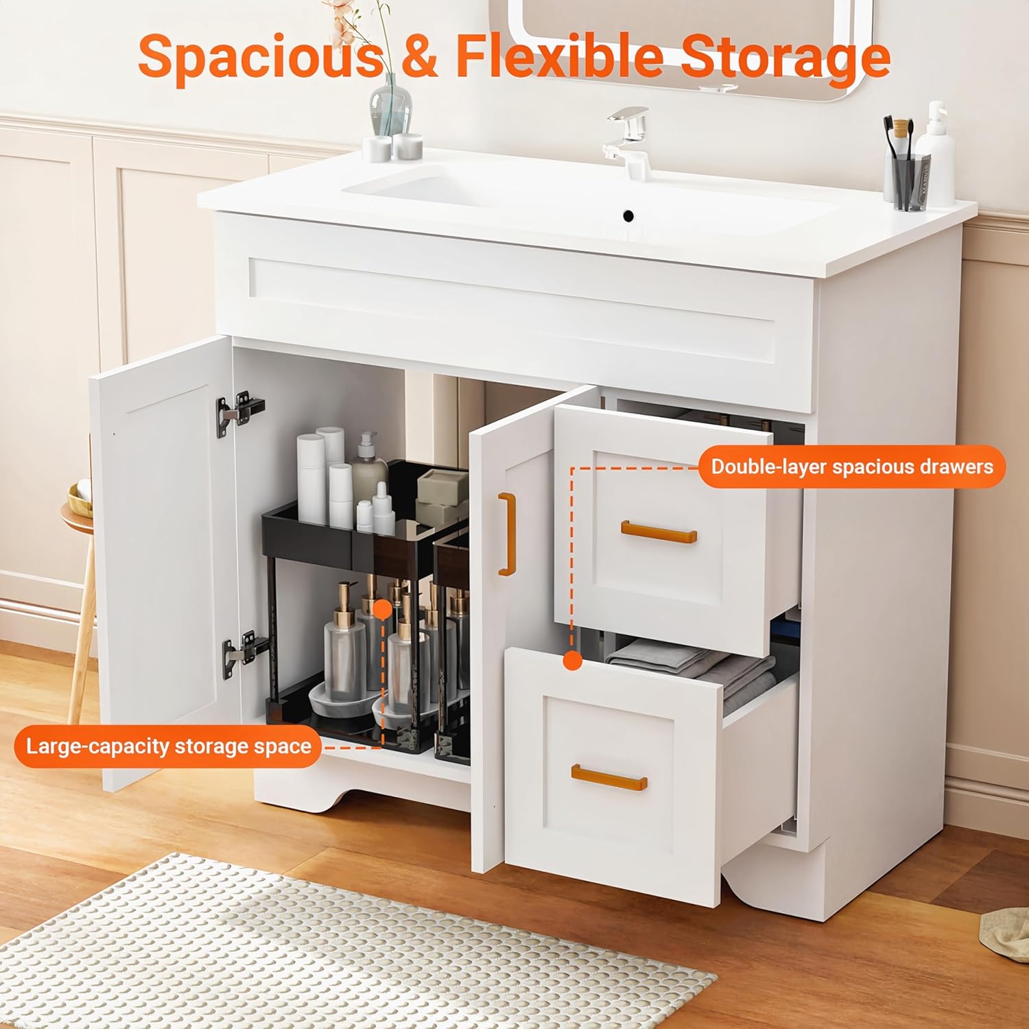 36 Inch Bathroom Vanity with Sink and Drawer, Modern Bathroom Vanity with Ceramic Basin and Countertop, Easy Assembly (White)