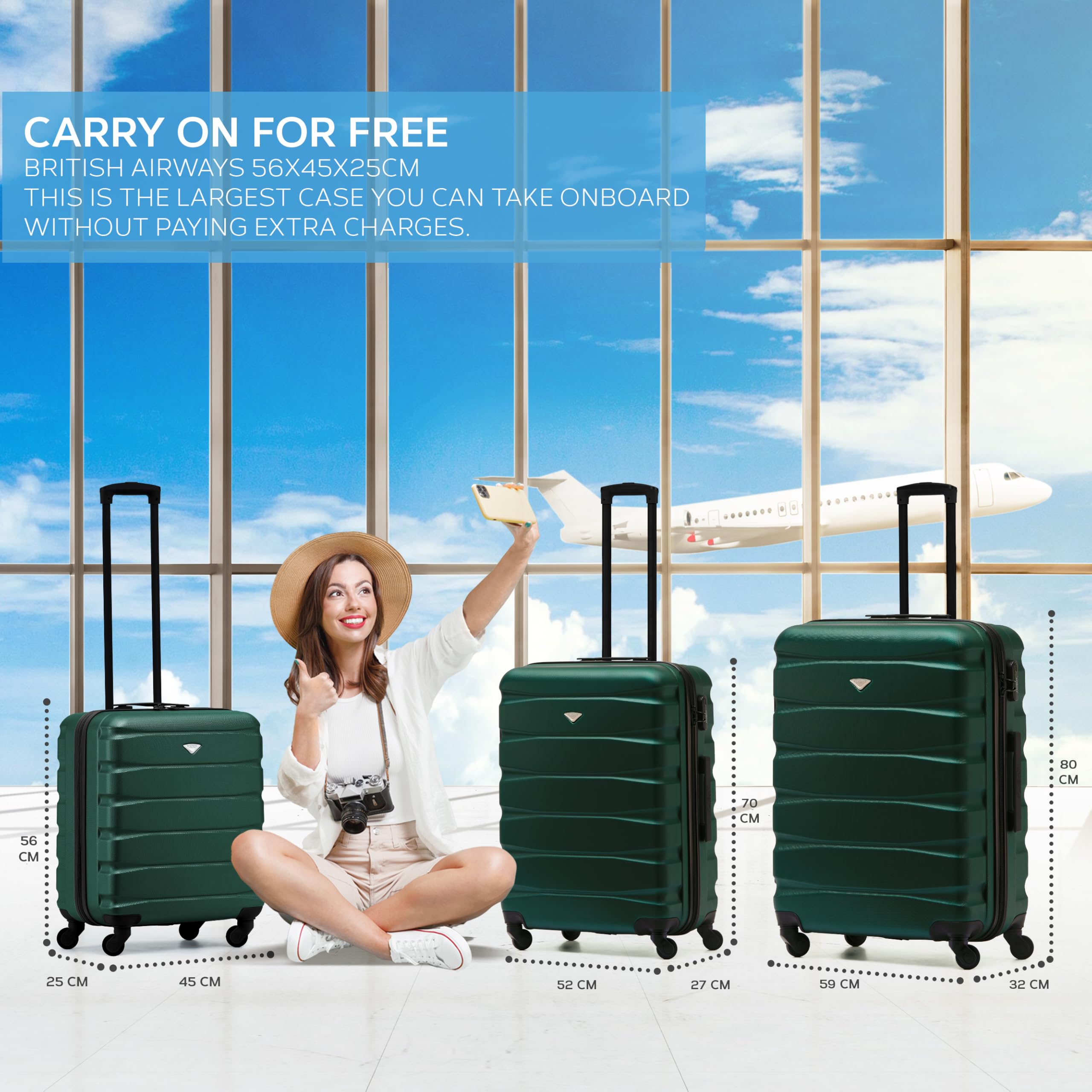 Flight Knight Suitcase Sets 3 Piece, Large Suitcase, Lightweight Extra Large Suitcase,56x45x25 EasyJet Cabin Bag, Maximum Size for Jet2, British Airways Carry On Suitcase,Hand Luggage Bag